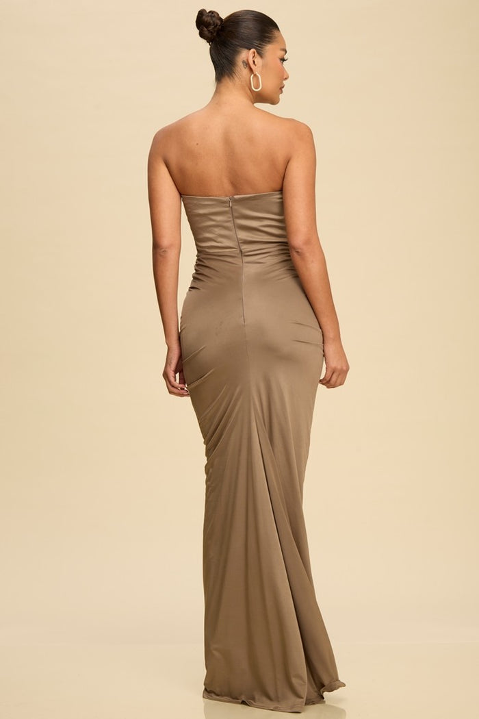 Light Brown Strapless Cascade-Detail Dress