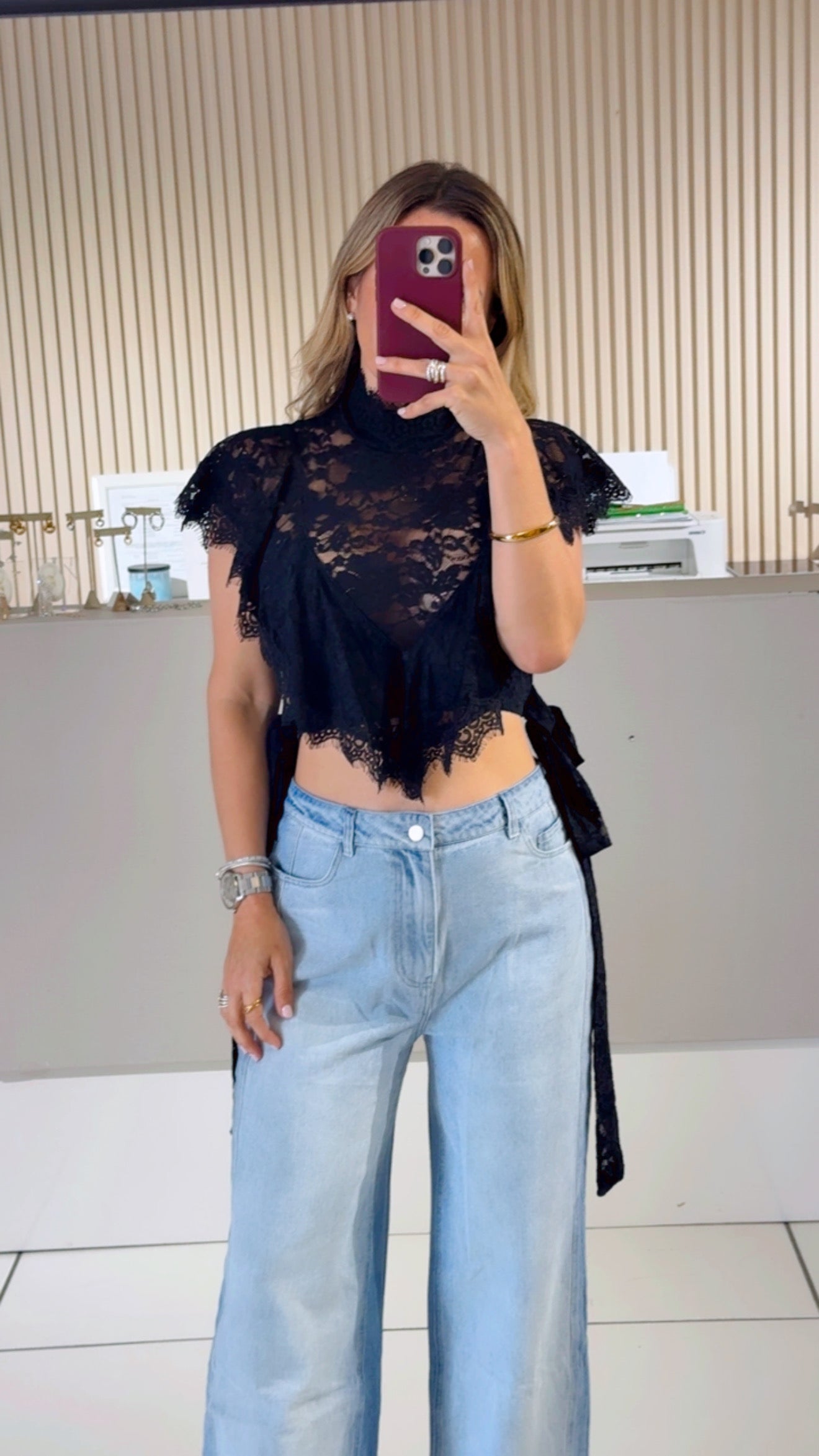 BLACK Sheer Floral Lace Mock Neck Layered Ruffles Cropped Blouse
