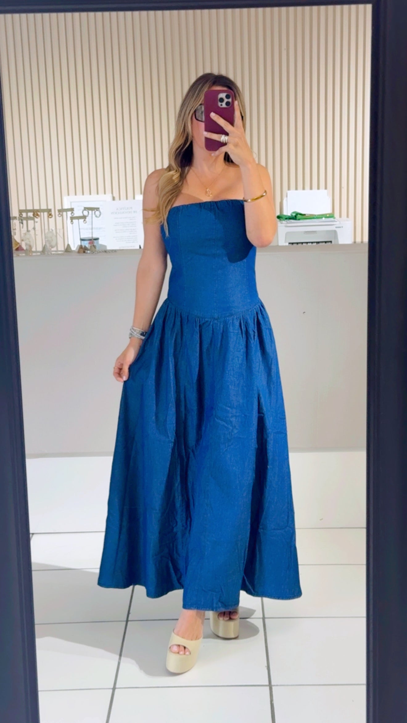 Straight Neck Denim Tube Long Dress