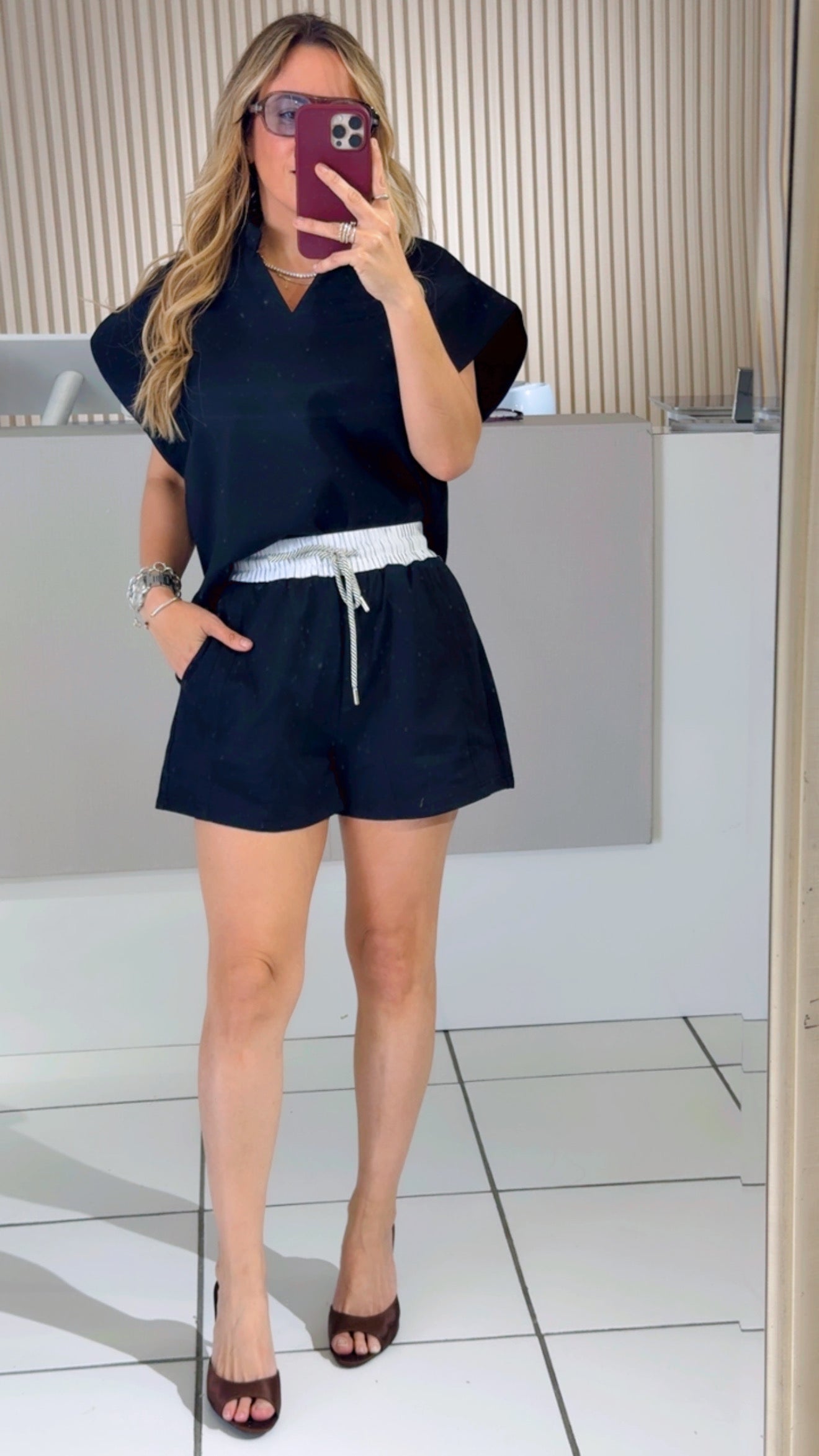 Black V-Neck Short Set