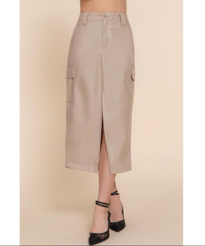Beige Leather midi Skirt
