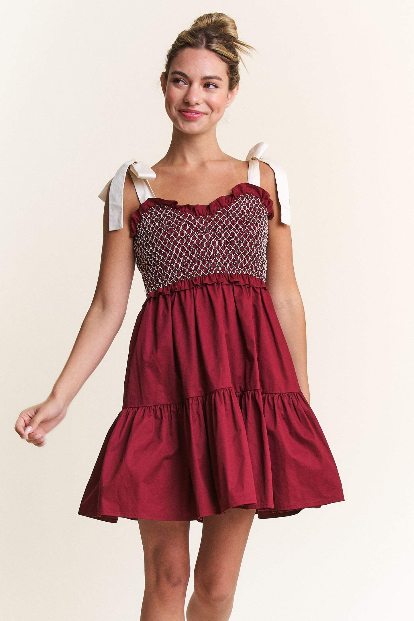 Burgundy Smoked Detail Mini Dress