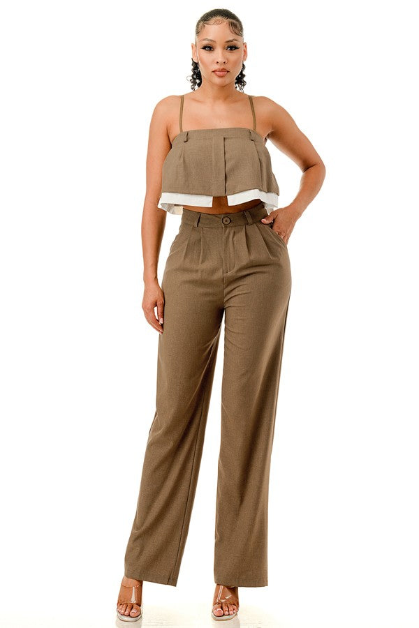Ruffle Crop Top And Wide Leg Trousers Set