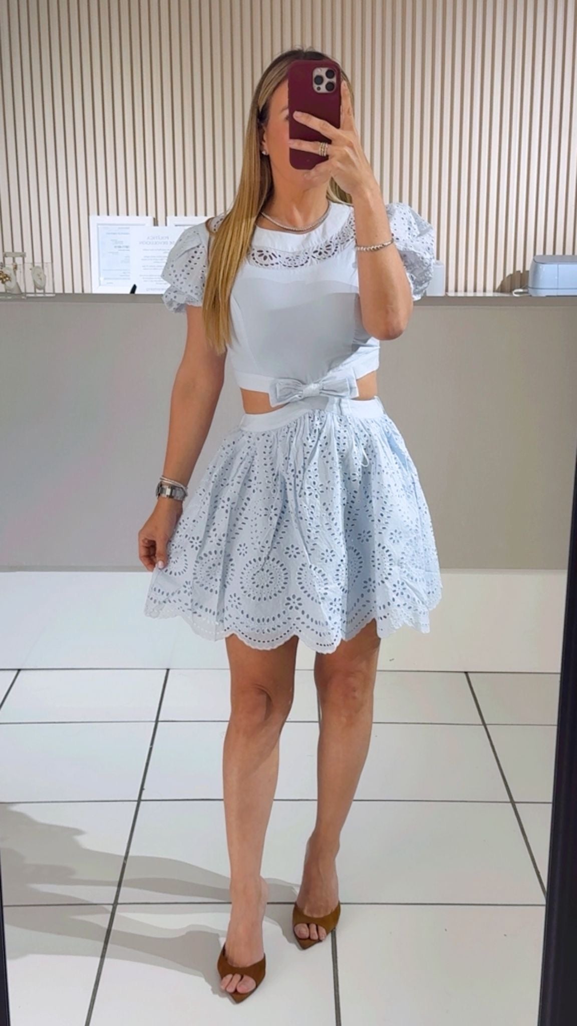 BLUE Eyelet Short Puff Sleeve Back Cutout Mini Dress