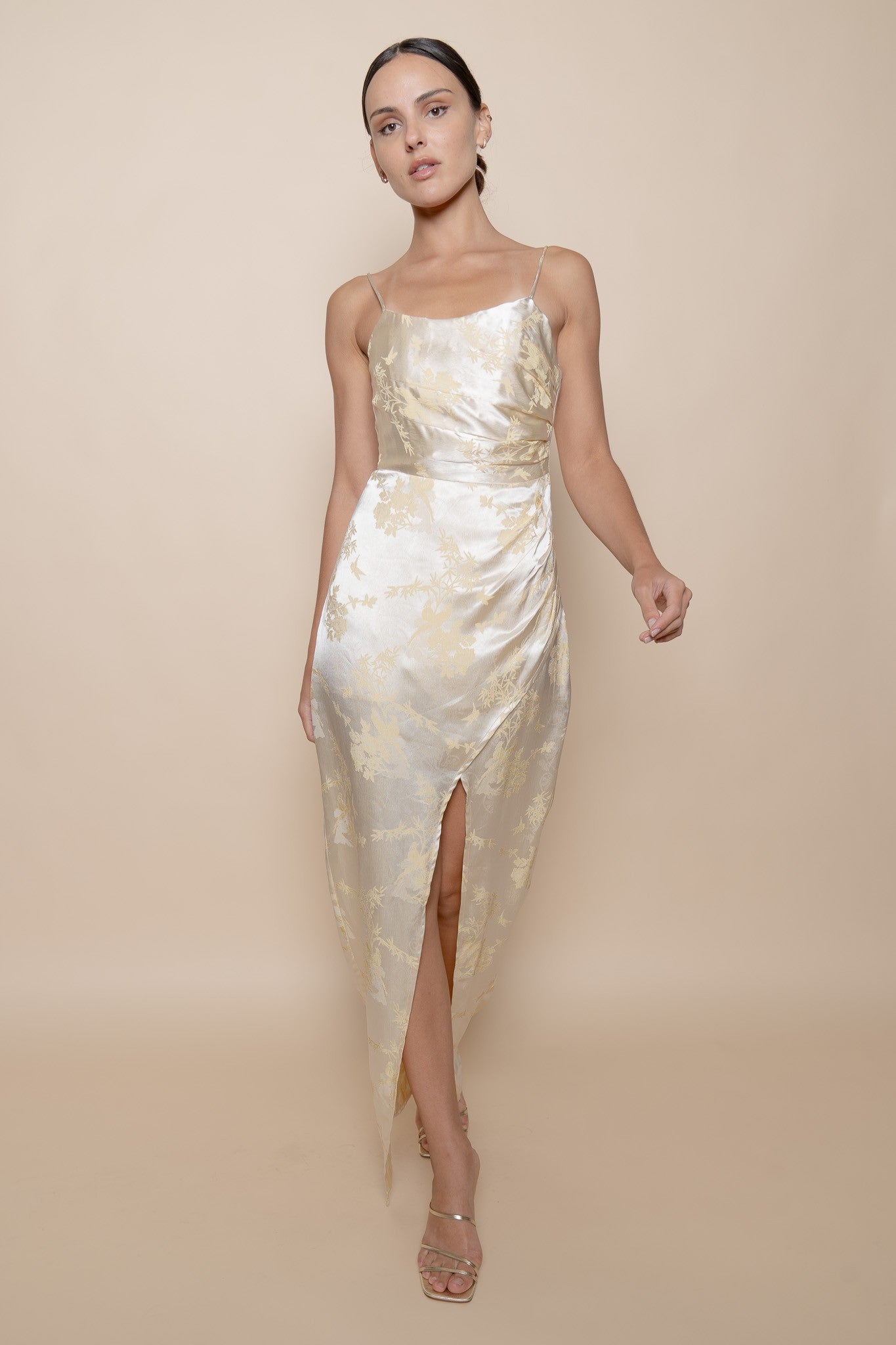 Cocktail Pleated Bust Leg Slit Maxi Dress