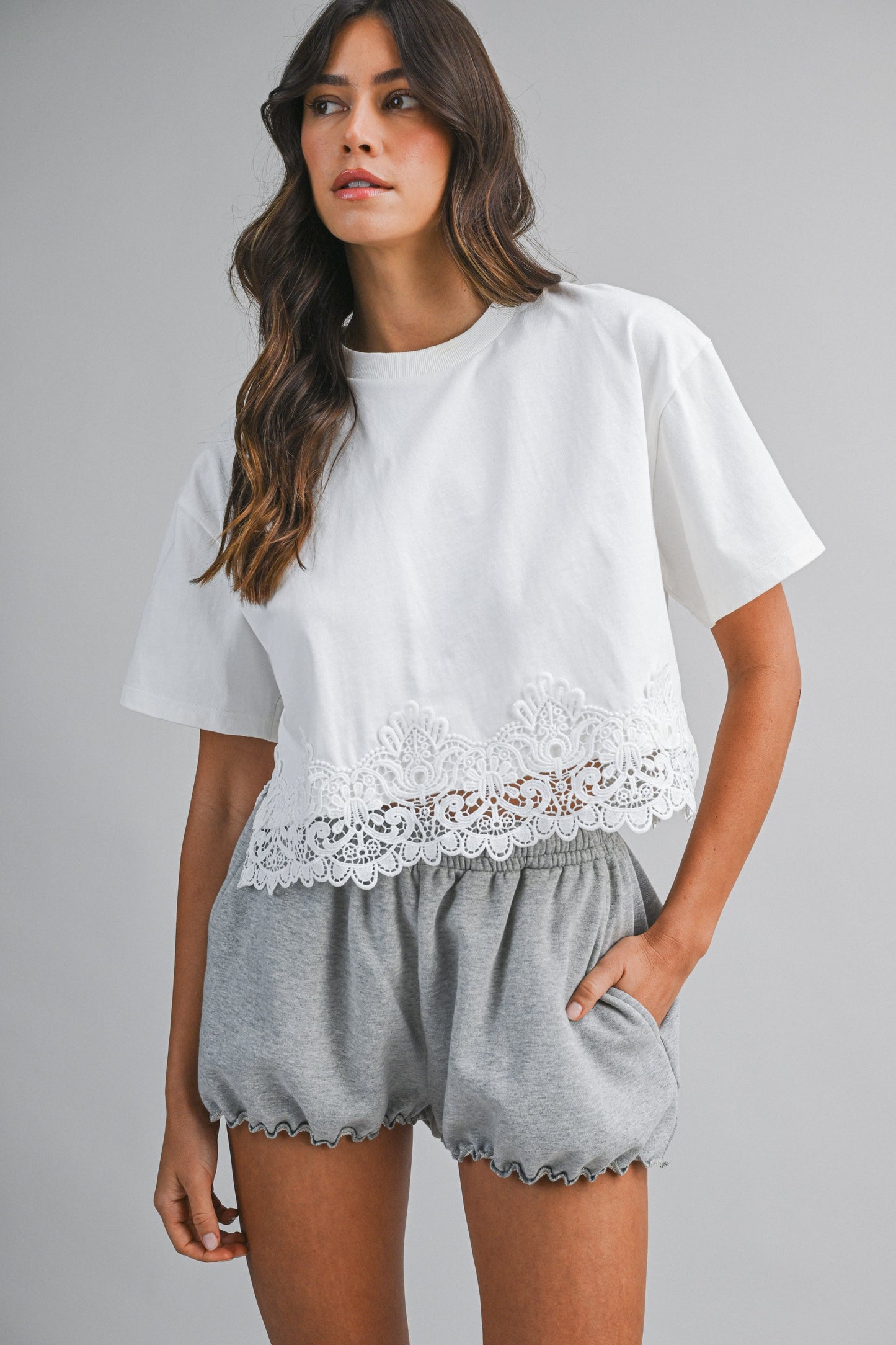 Short Sleeve Crop Top With Lace Trim Hem