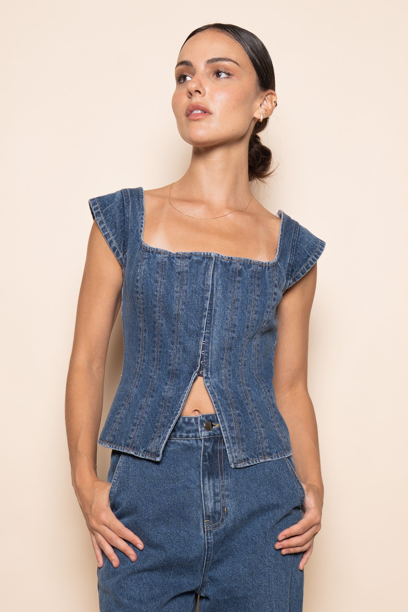 Corset Square Neck Cap Sleeve Top