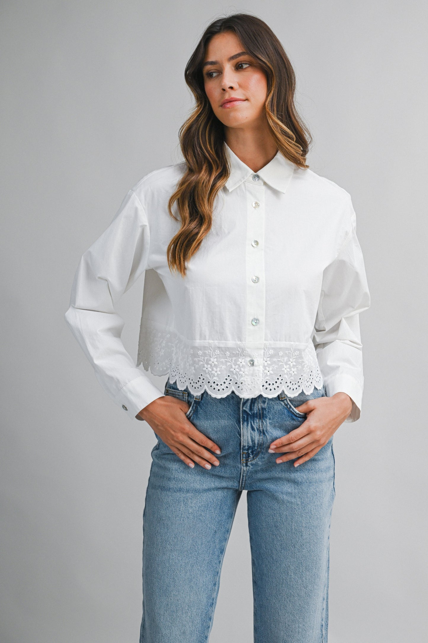 Eyelet Embroidered Scalloped Hem Long Sleeve Shirt
