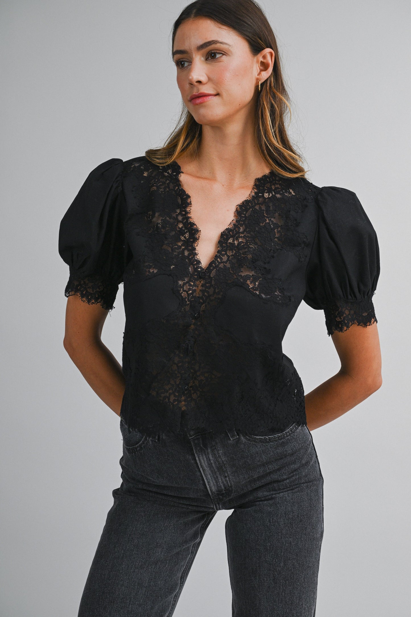 BLACK Lace Trim Deep V Neckline Puff Sleeve Button Down Blouse