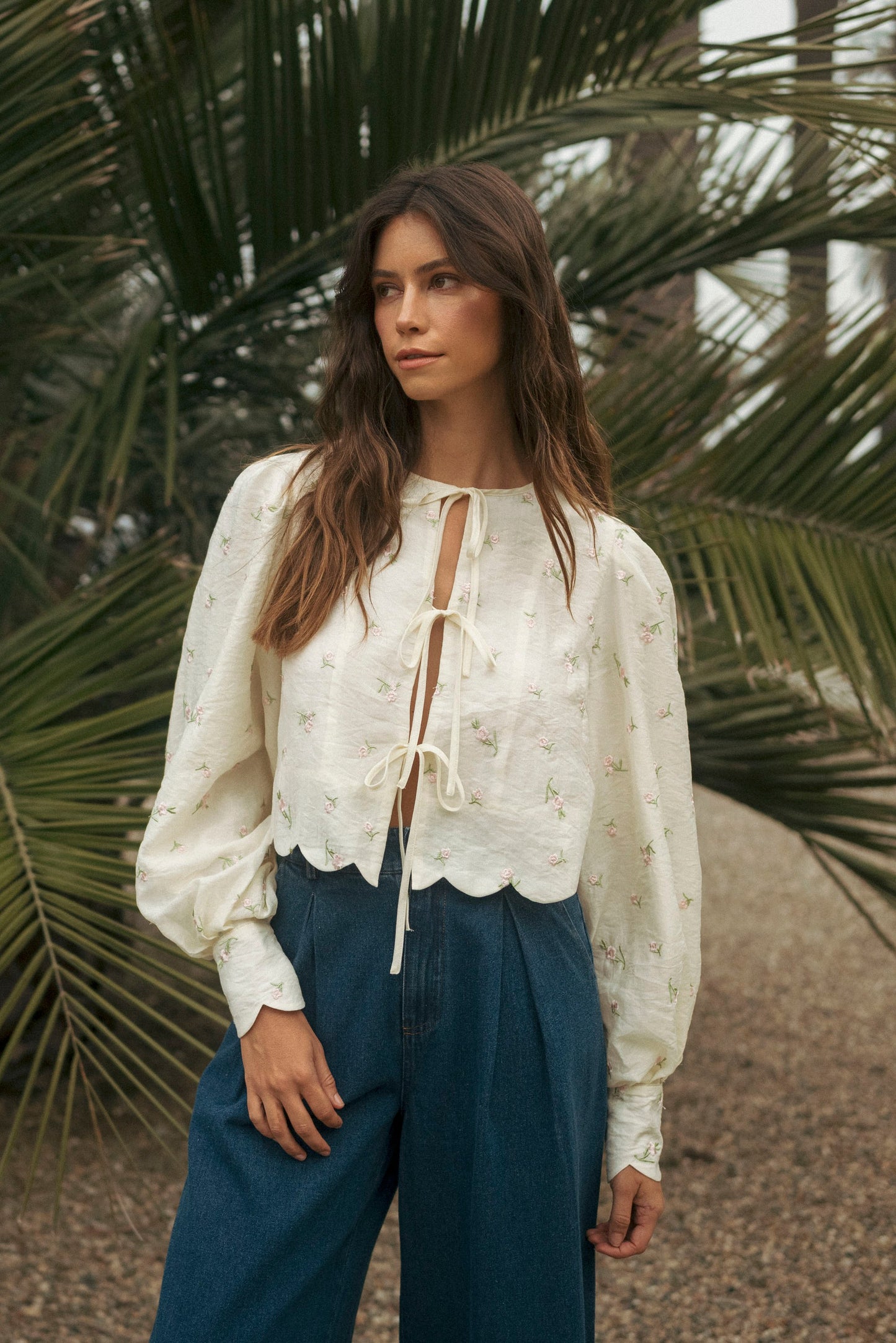 BUTTER Ditzy Floral Embroidered Scalloped Hem Blouse Top