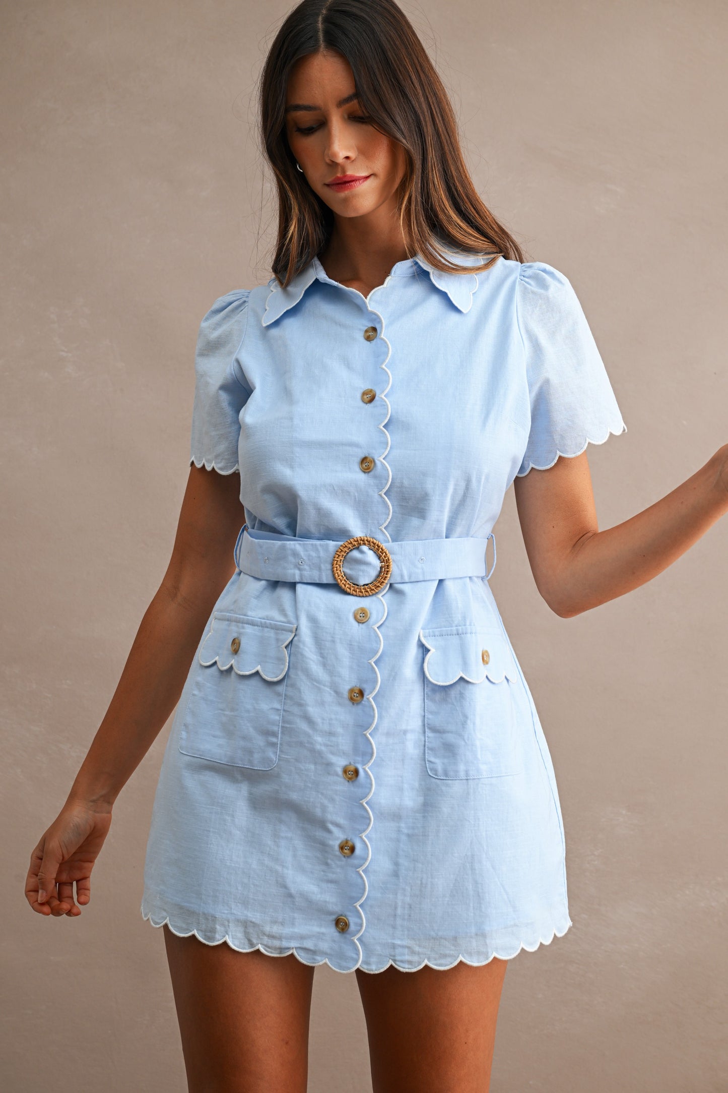 Scallop Trim Short Sleeve Front Button Down Mini Dress