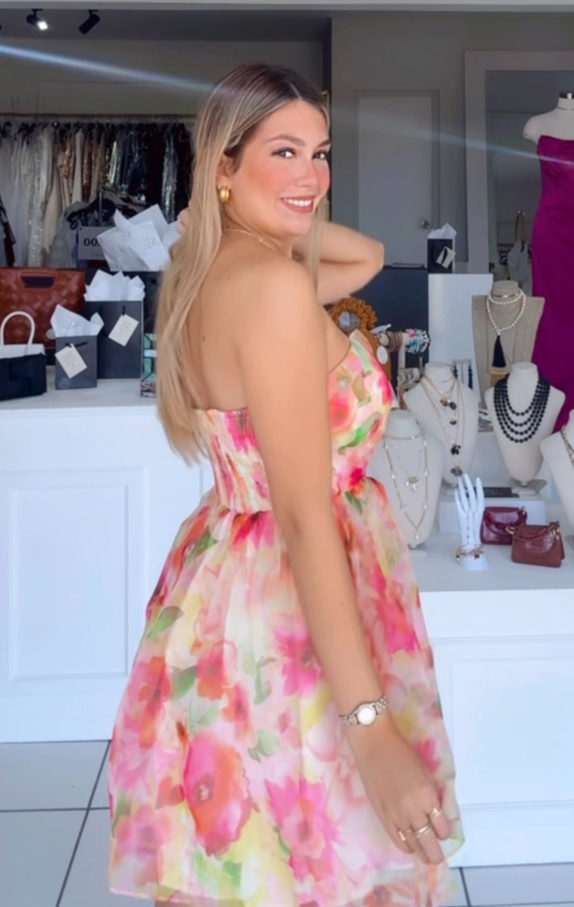 Print strapless dress