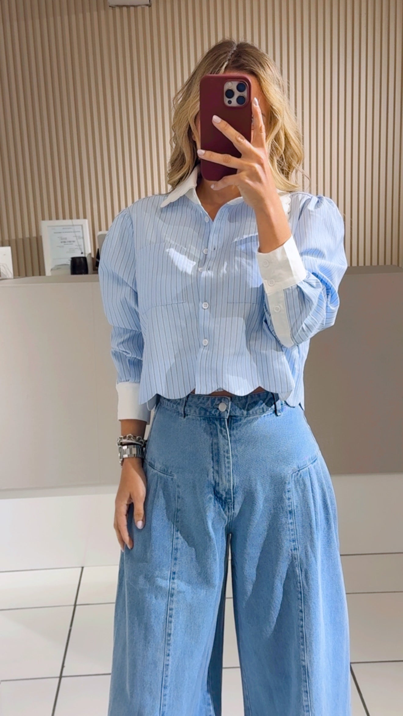Blue Striped Scalloped-Collar Blouse