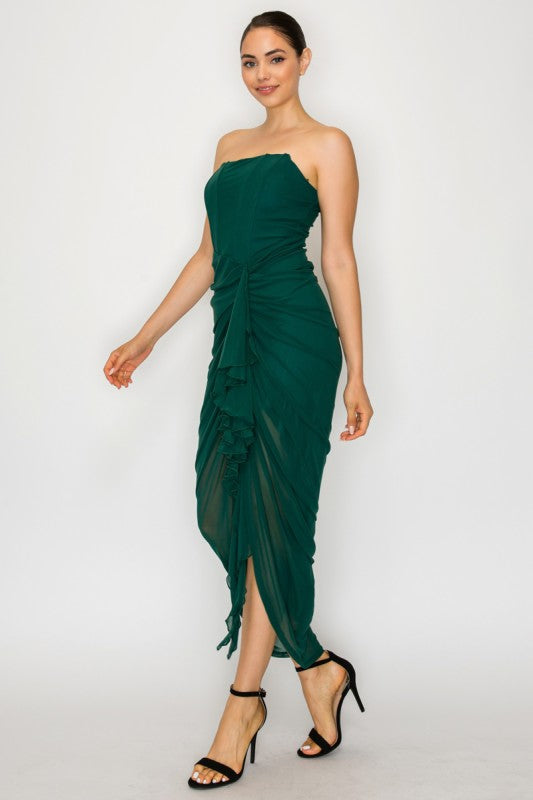 Green Ruched Strapless Midi Dress