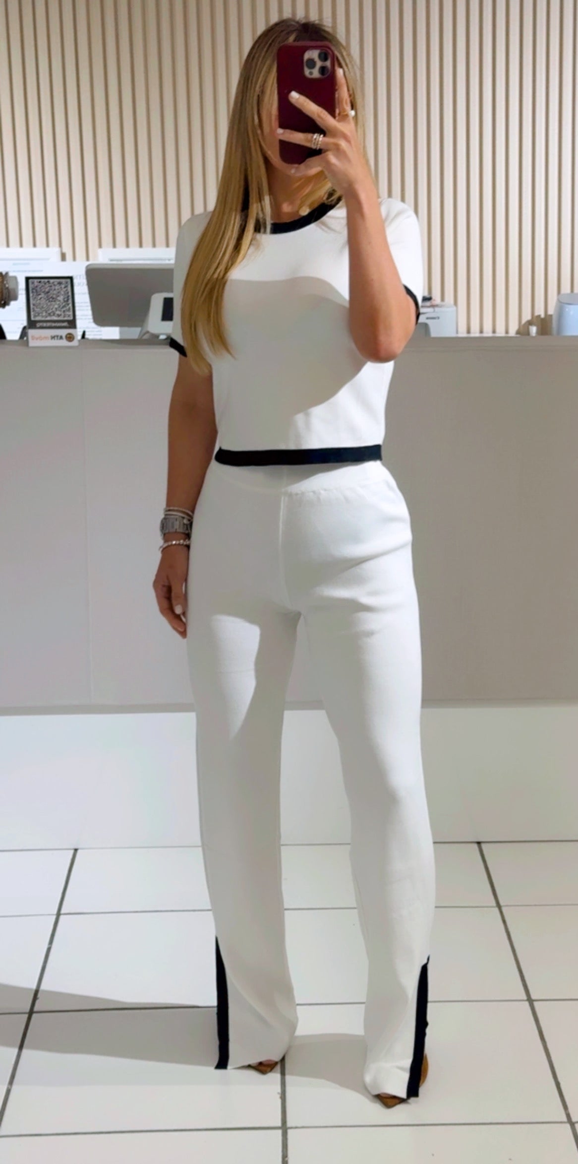 WHITE Knit Short Sleeve Crop Top & Slit Pants