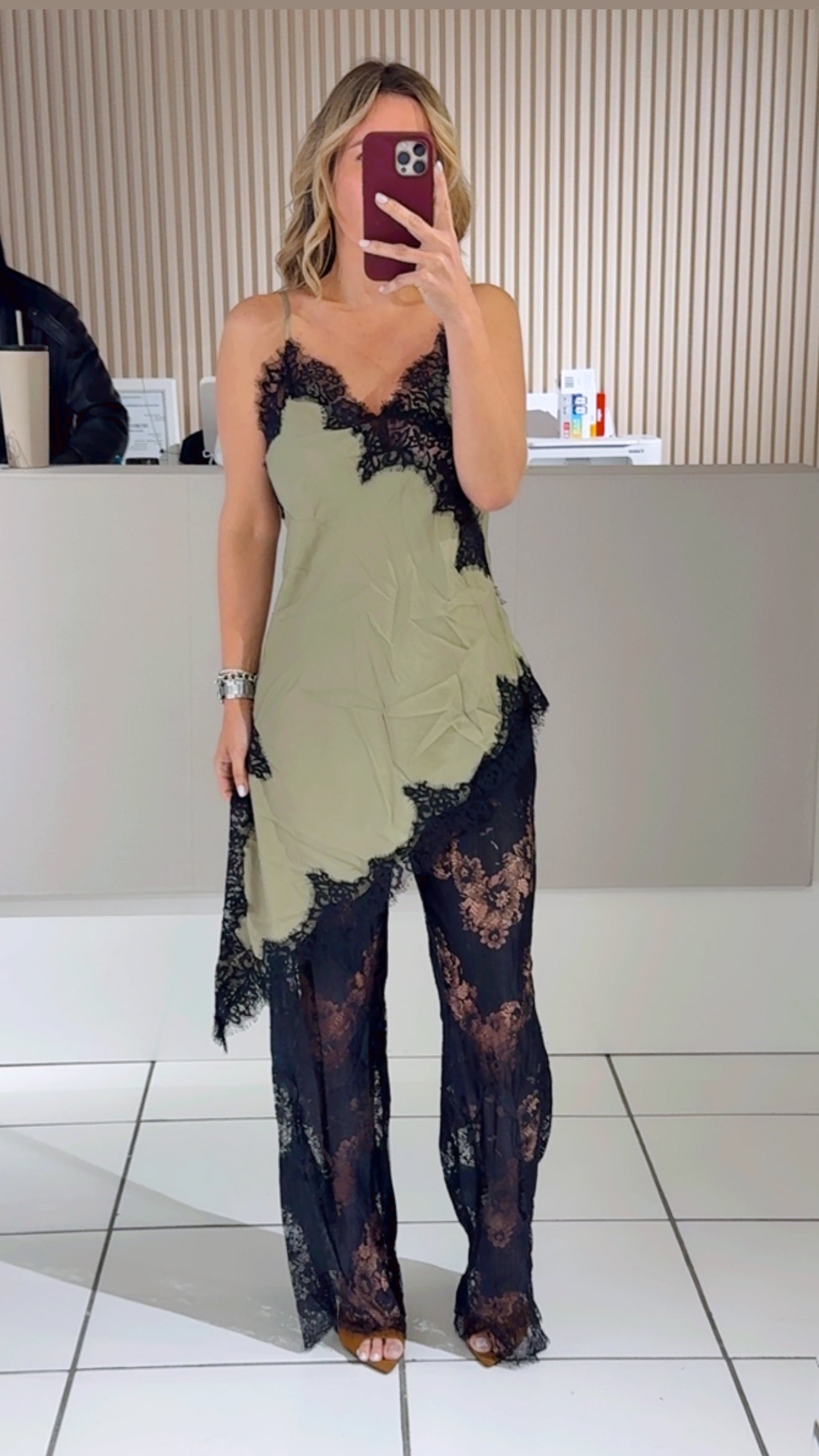 Olive Satin Camisole with Sheer Lace Pants