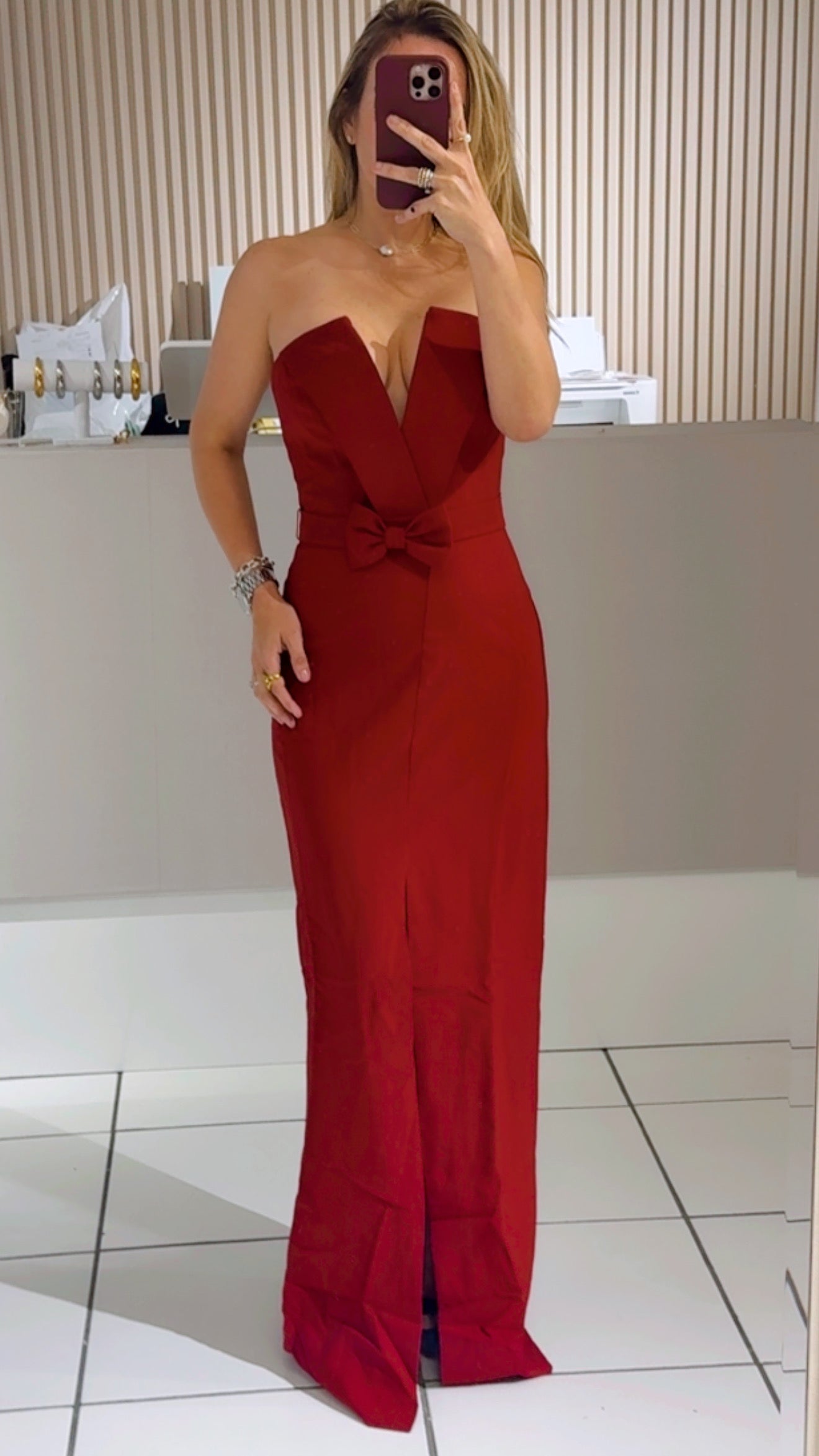 Red Plunge-Neck Formal Dress