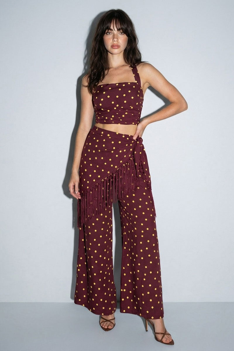 WINE Polka Dot Halter Top And Fringe Pants Se