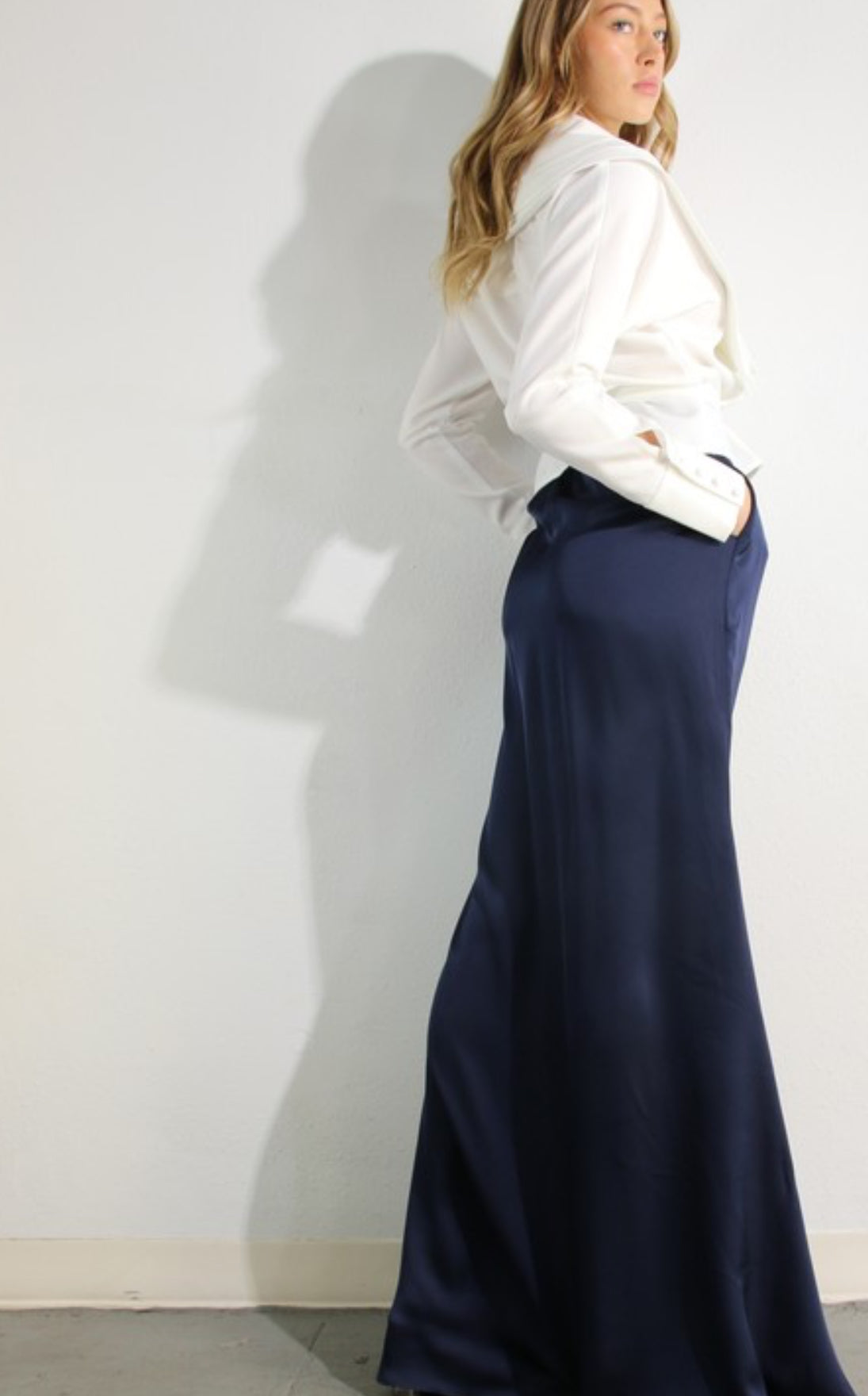 Pleated blouse with long satin skirt
