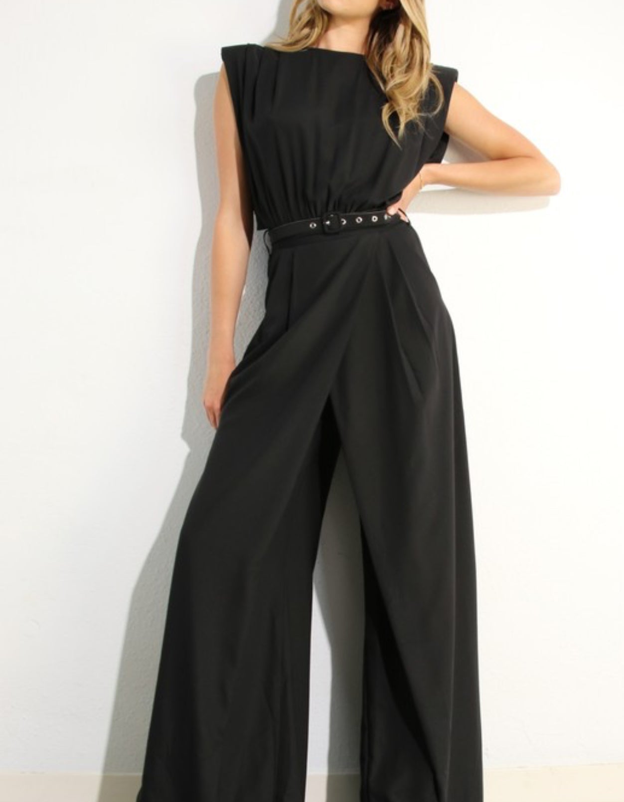 Open back wide black romper