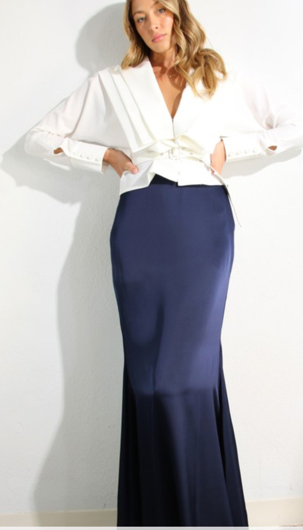 Pleated blouse with long satin skirt