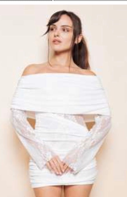 OFF THE SHOULDER LACE CUTOUT RUCH MINI DRESS