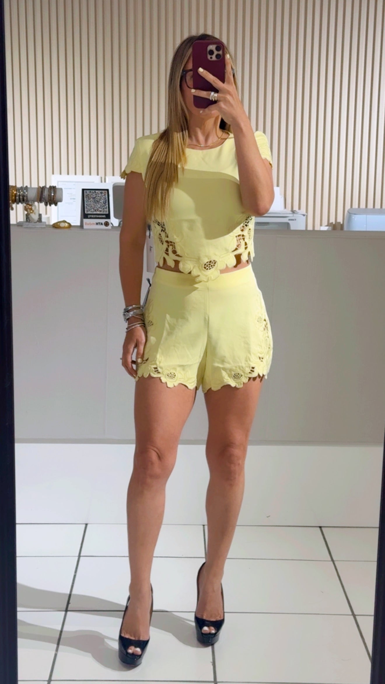 YELLOW Flower Lace Patch Detail Short Sleeve Top With Shorts Set