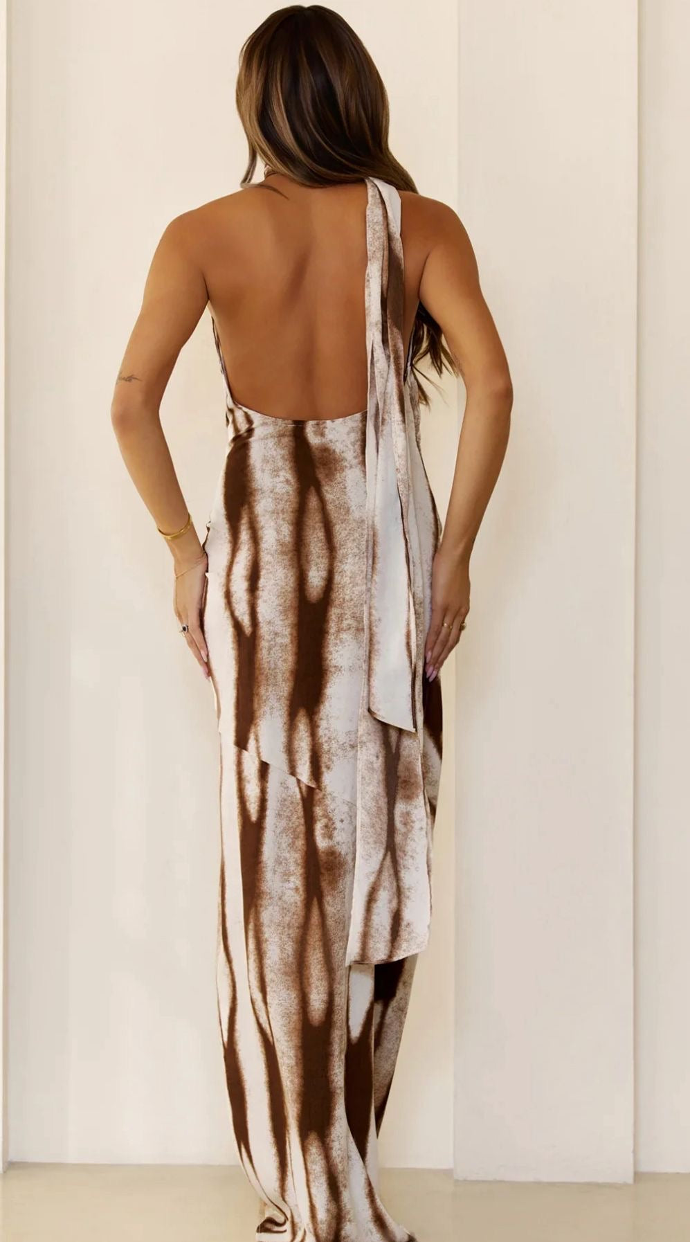 Brown and White Abstract Backless Dress