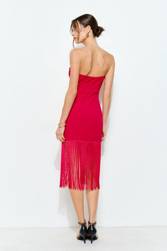 Red Strapless Fringe Slit Midi Dress