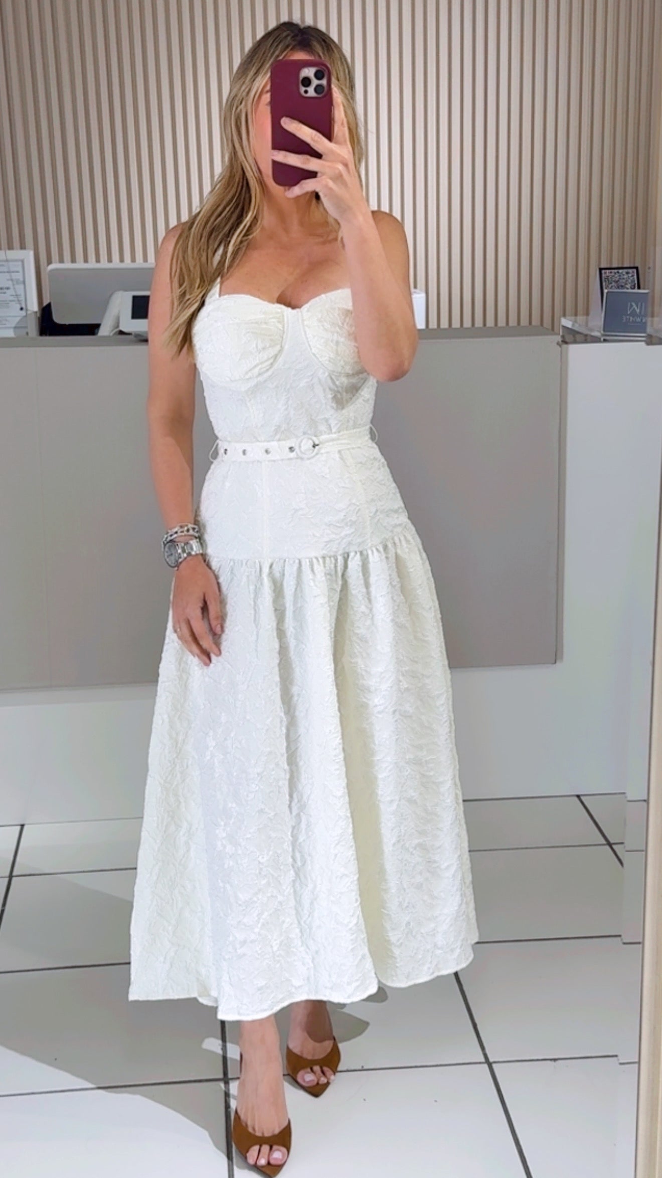 White Textured Bustier Midi Dress