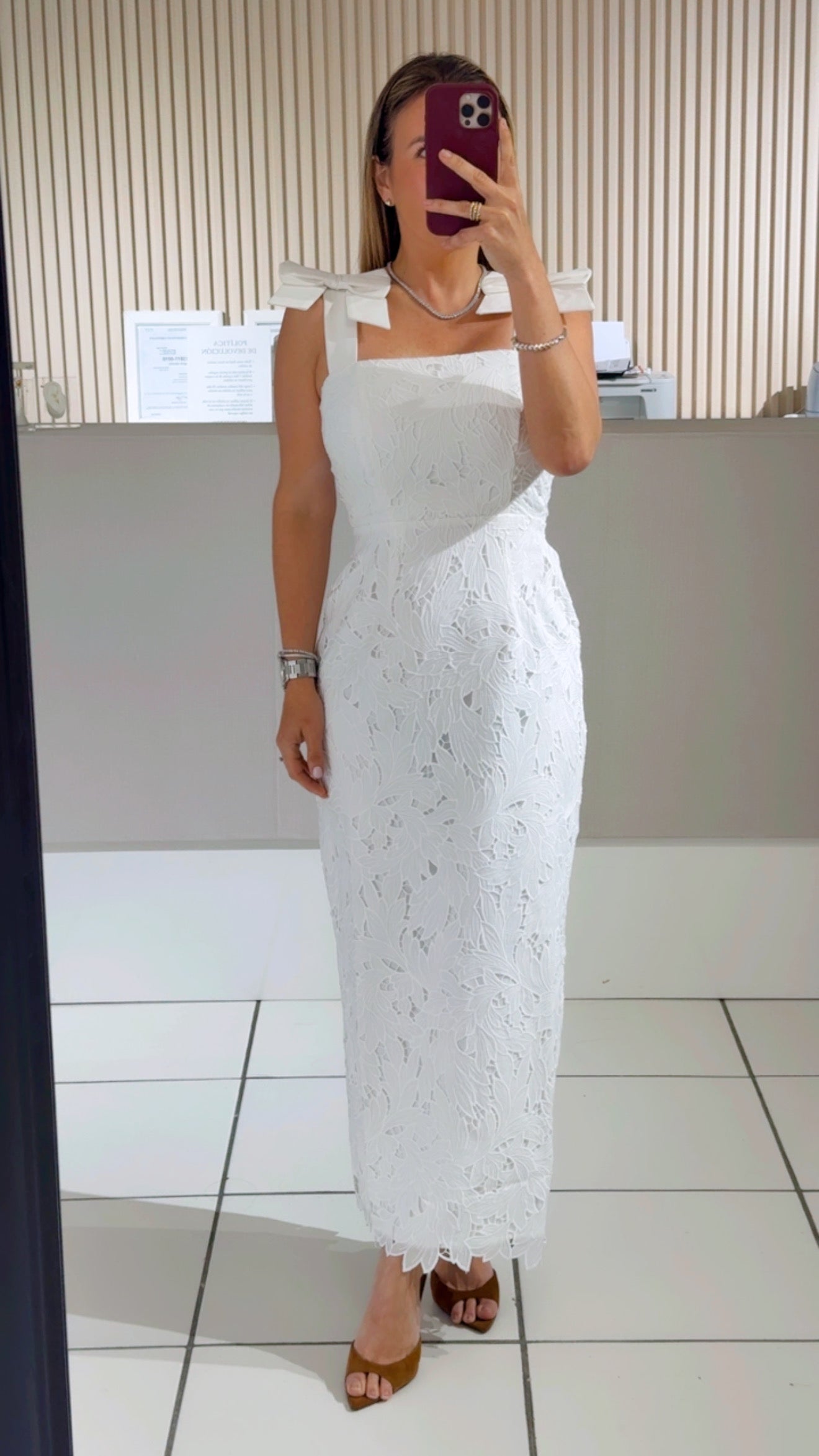 WHITE Eyelet Lace Self Shoulder Tie Strap Midi Dress