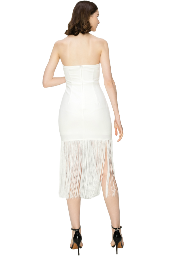 White Strapless Fringe Slit Midi Dress