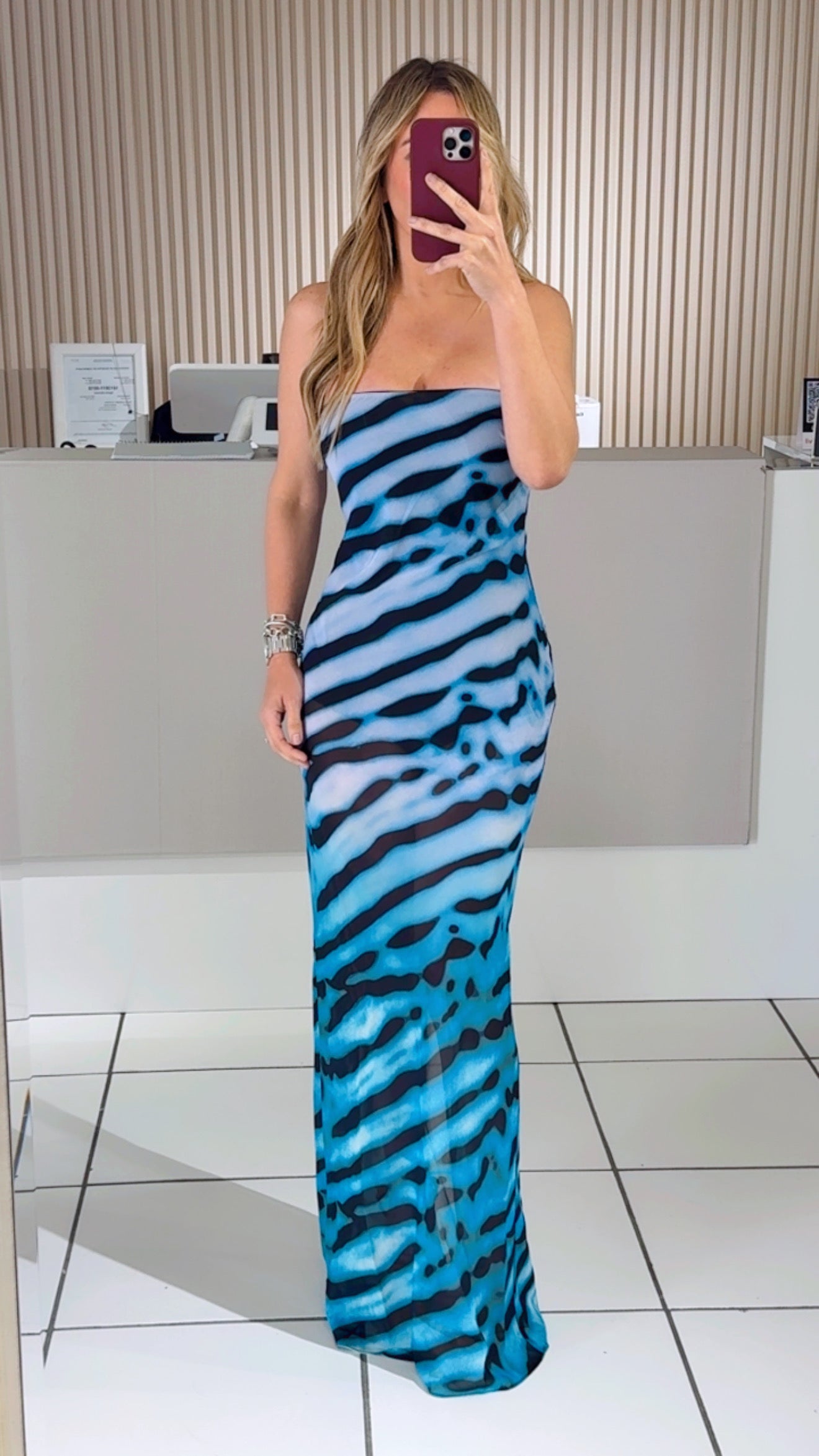 Blue Zebra-Print Mesh Dress