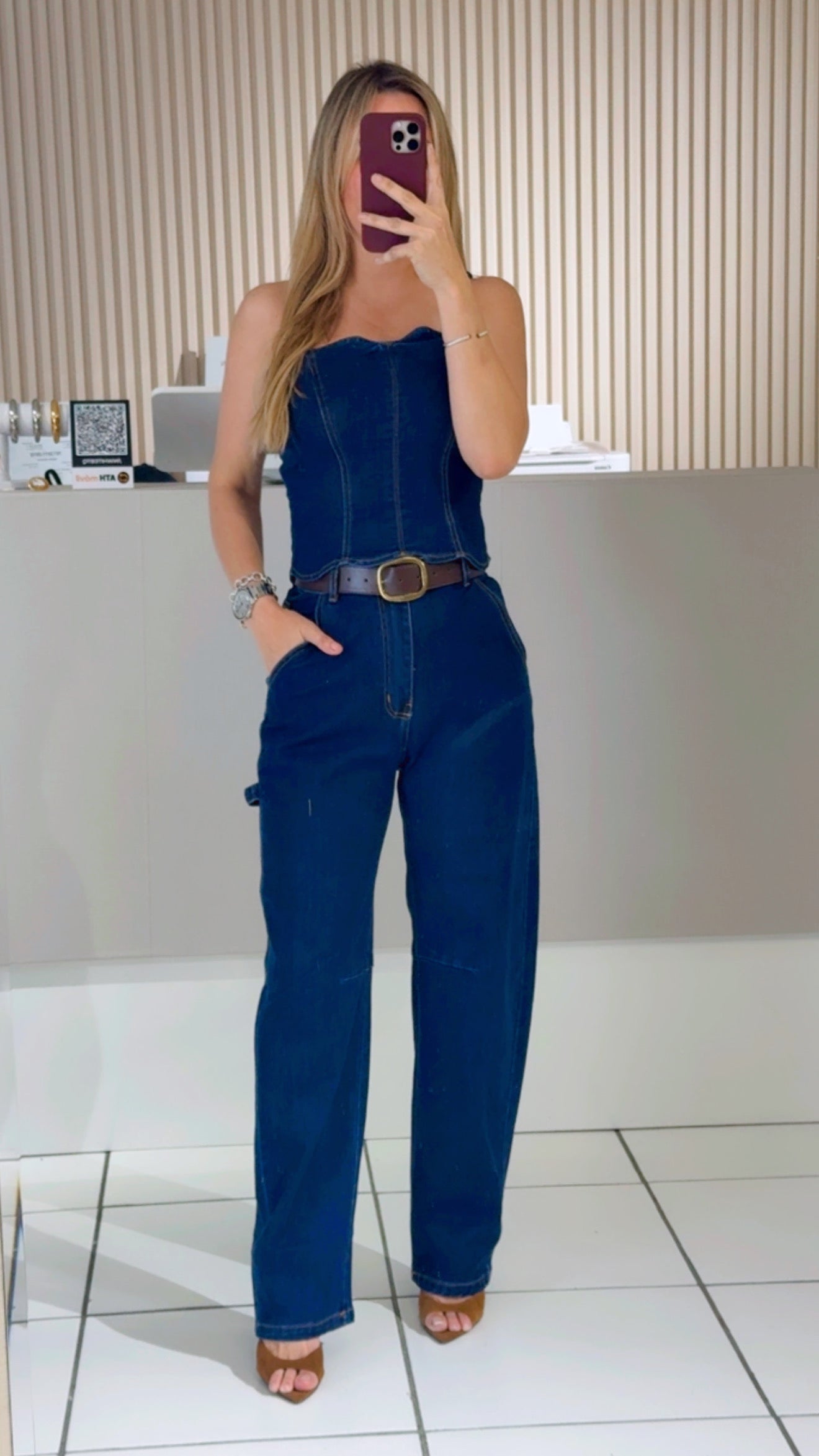 Strapless Denim Set with Belt