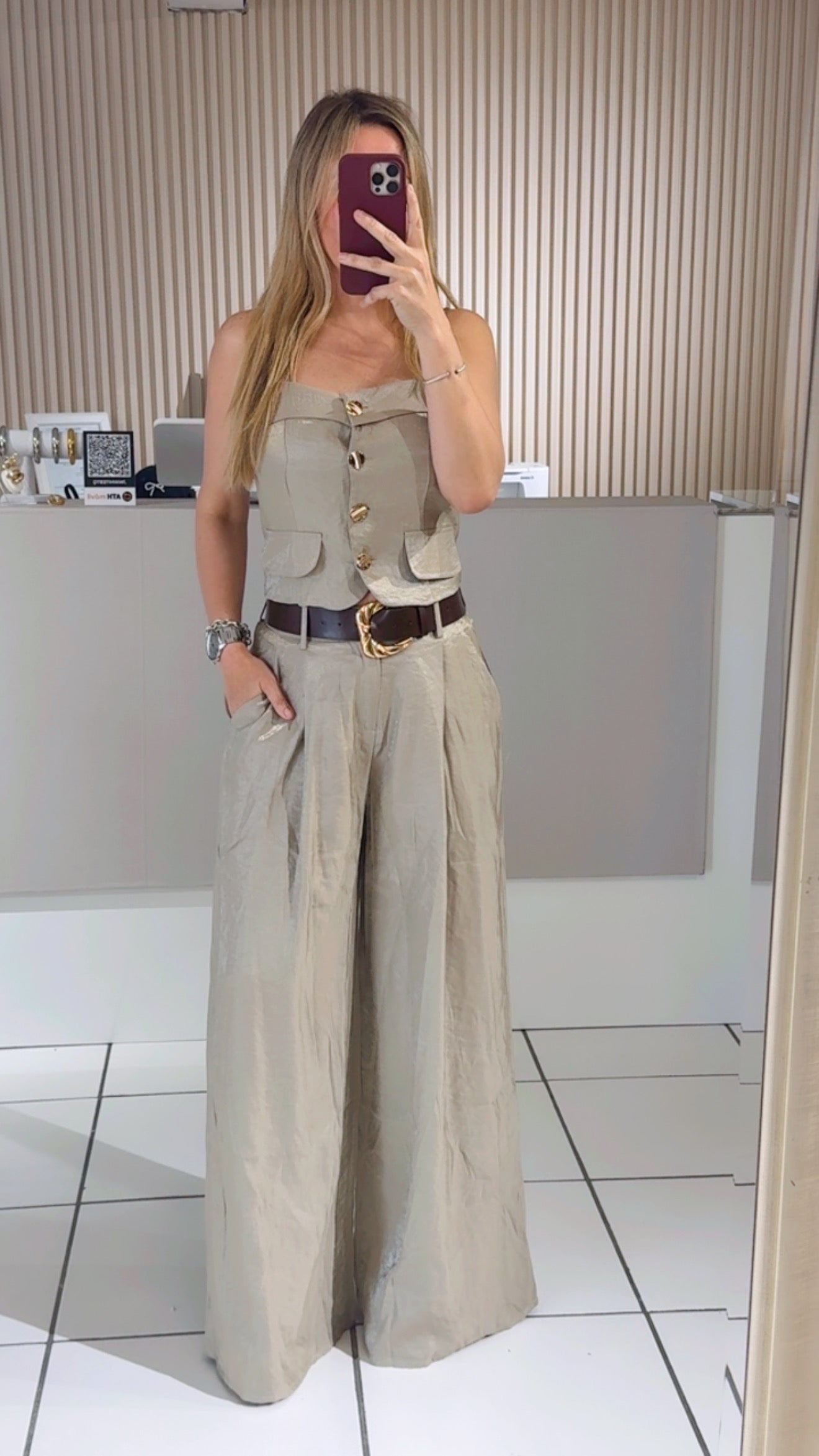 Chic Button-Front Khaki Set with Belt