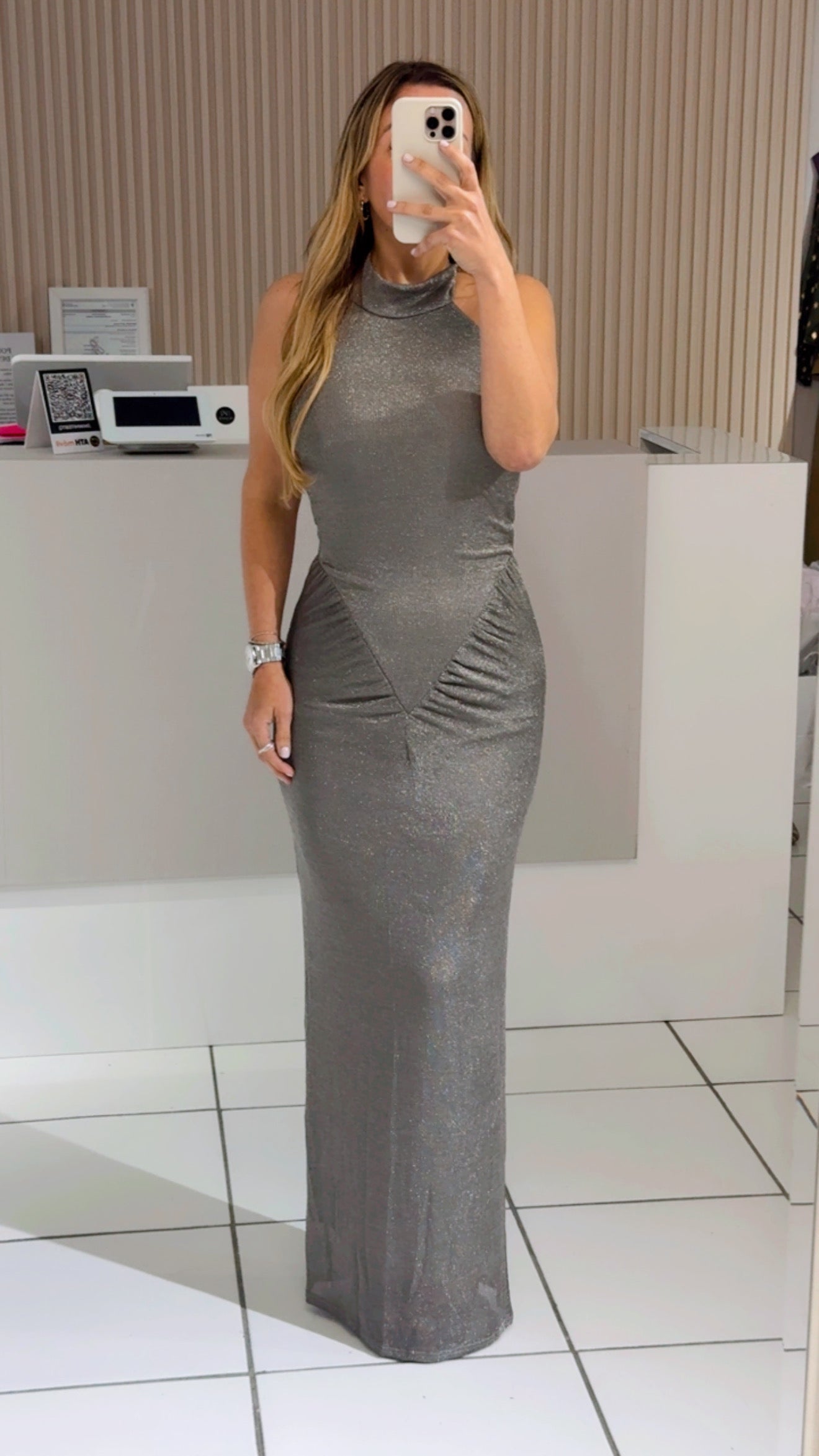 Halter metallic mesh silver dress