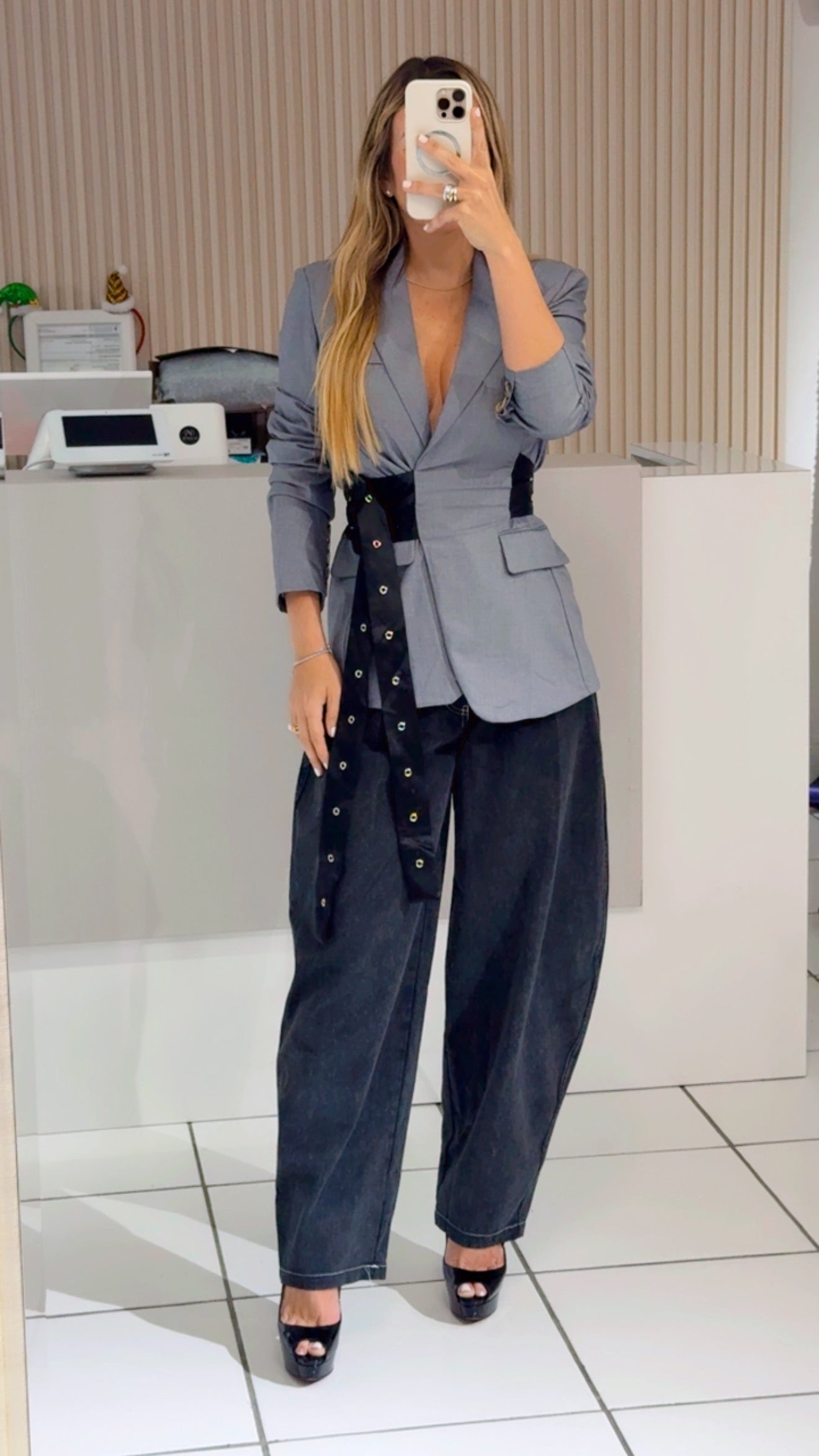 Gray blazer with belt