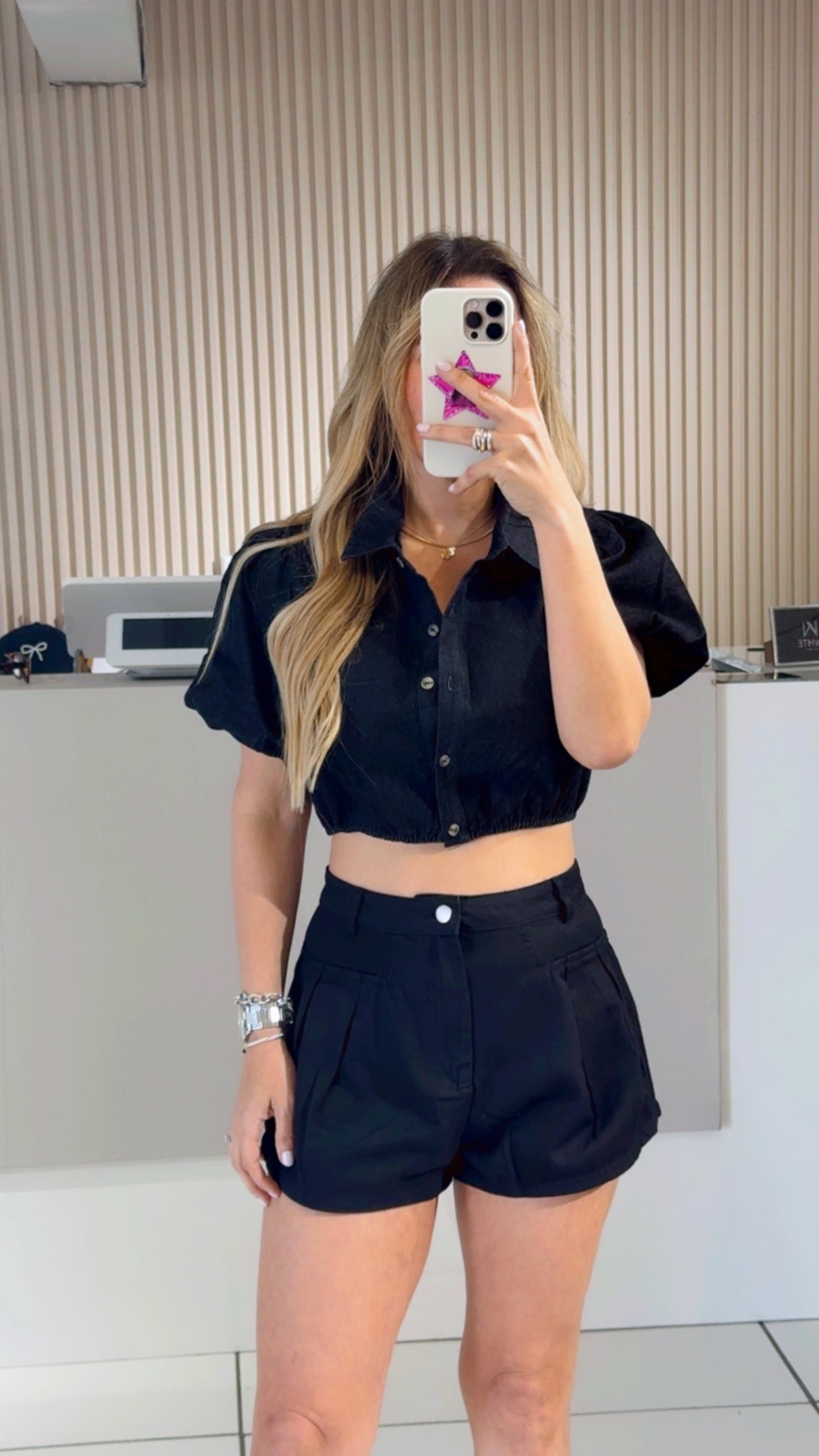 Button-Front Denim Crop Top