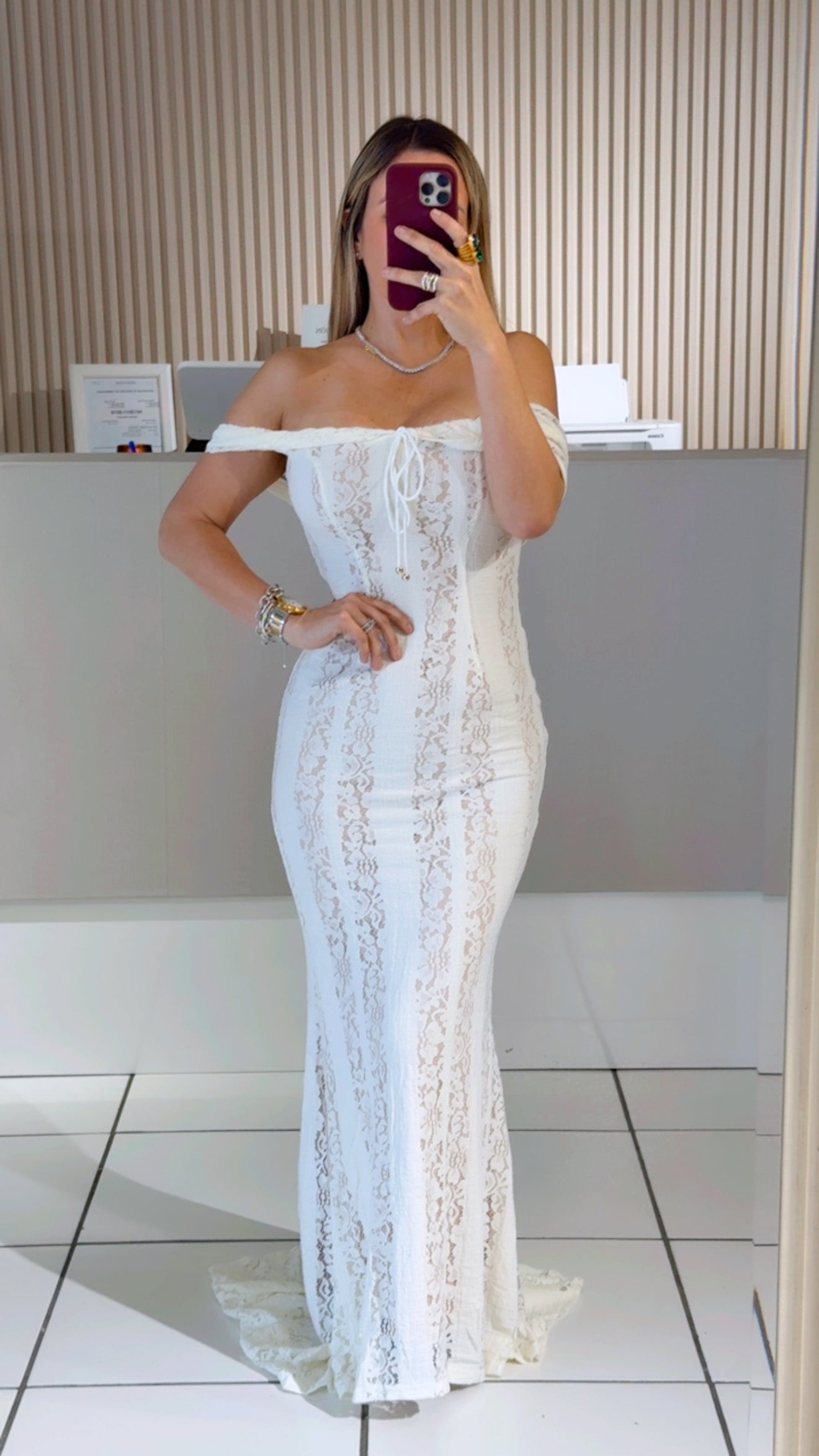 Ivory Lace Off-Shoulder Maxi Dress