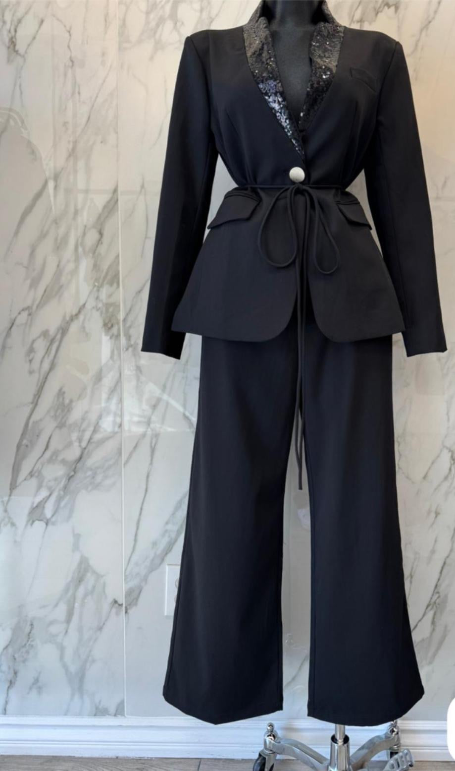 Black Wide-Leg Sequin Detail Suit