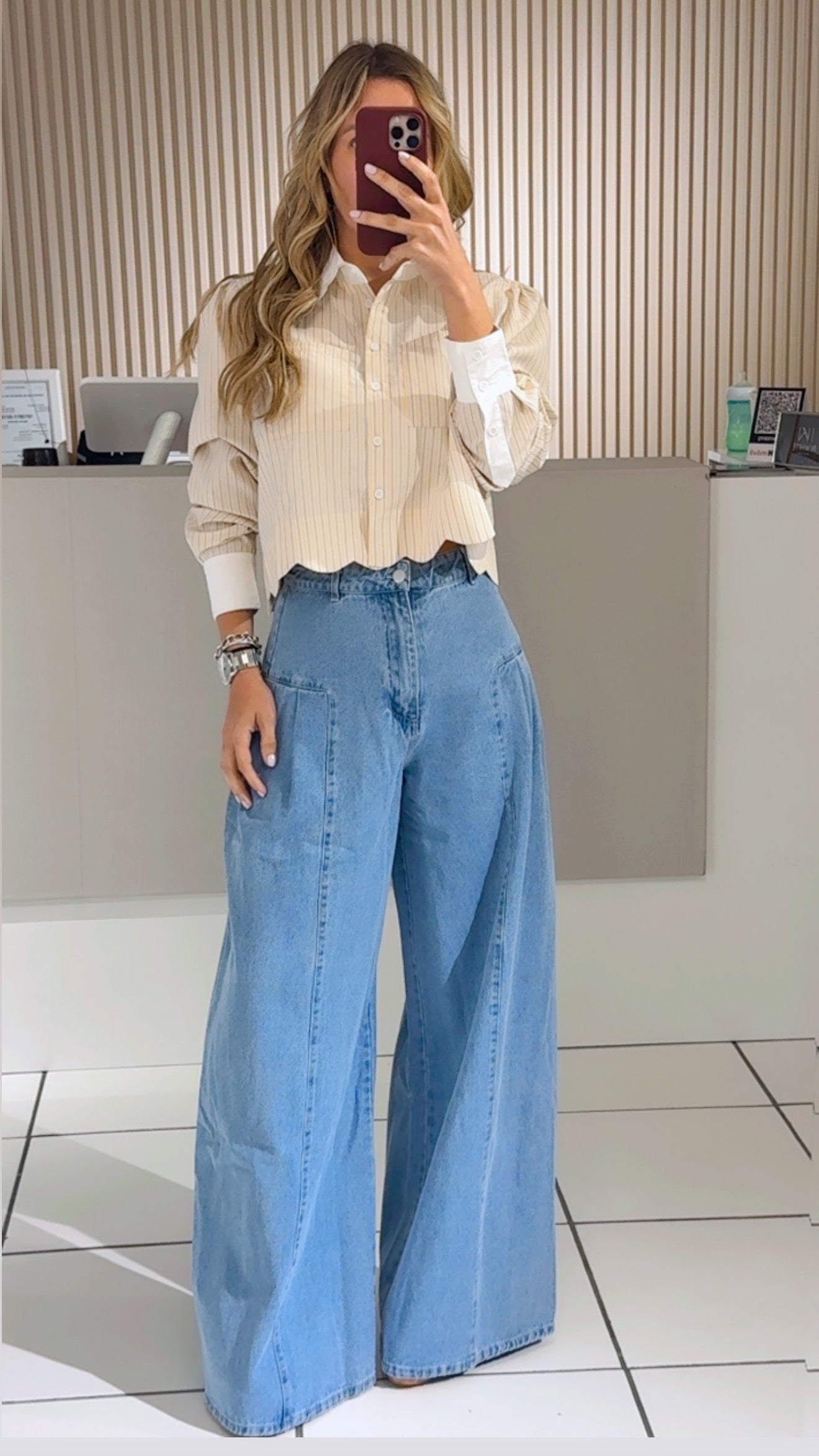 Yellow Striped Scalloped-Collar Blouse