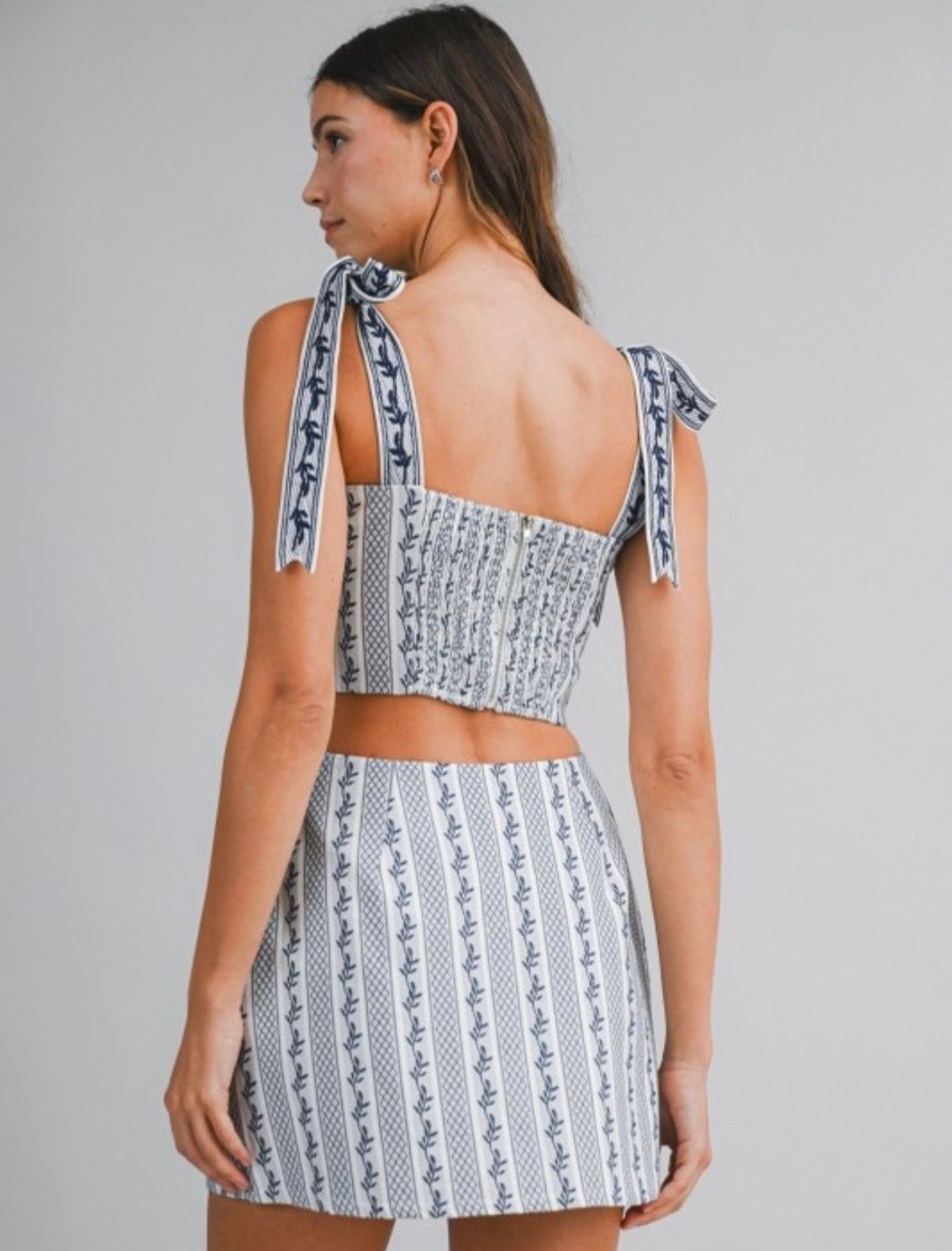 Blue Floral Striped Crop Top & Skirt Set