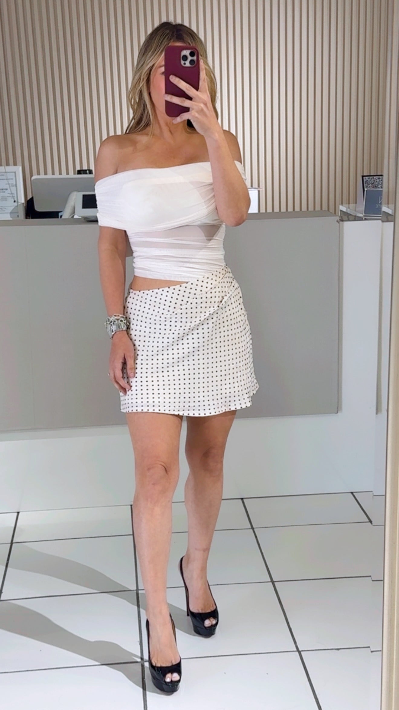 Cream Textured Polka Dot Dress with Lateral Slit