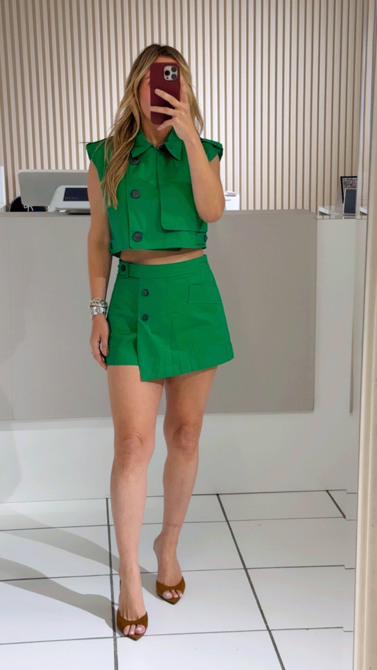 Green Buttoned Crop Top and Mini Skort