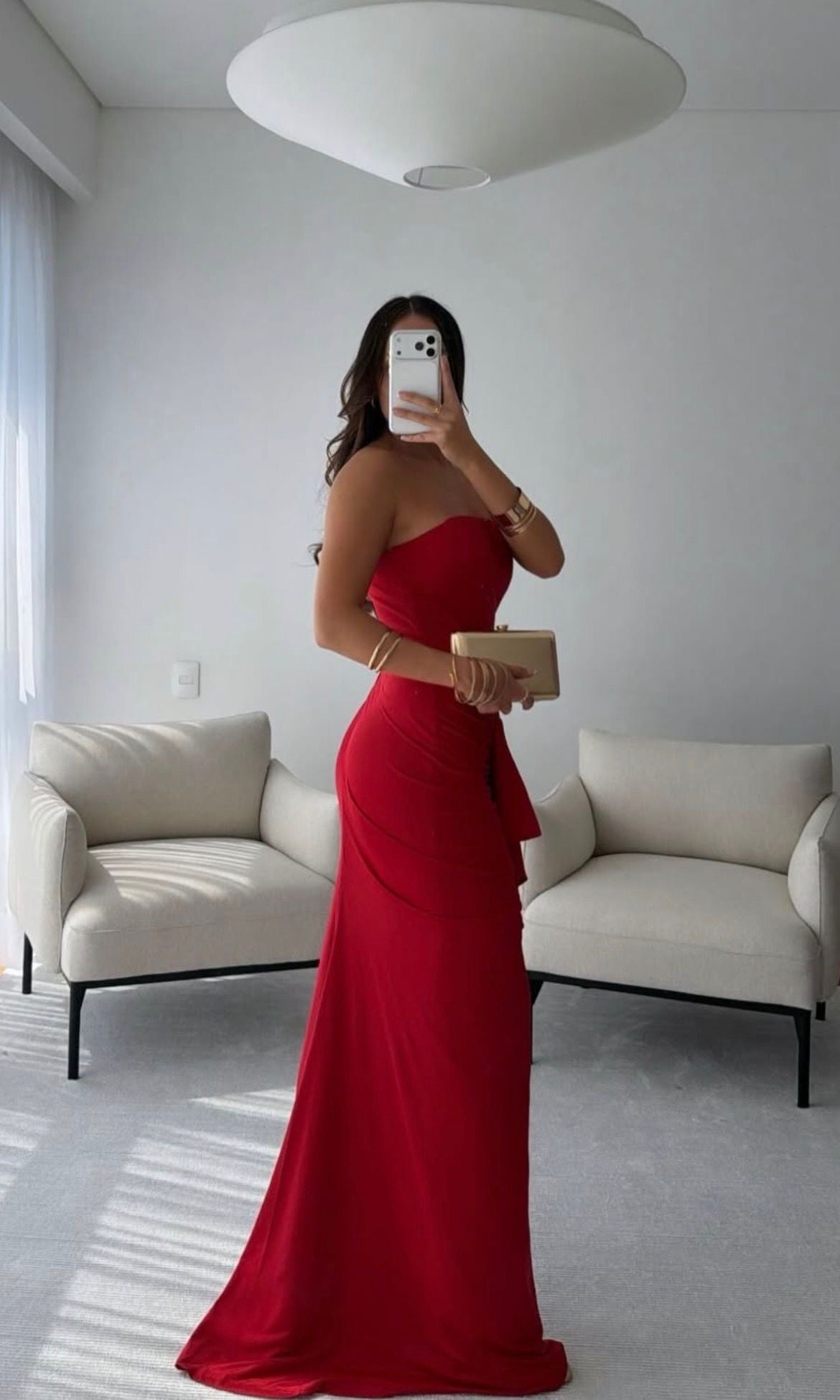 Red Strapless Cascade-Detail Dress