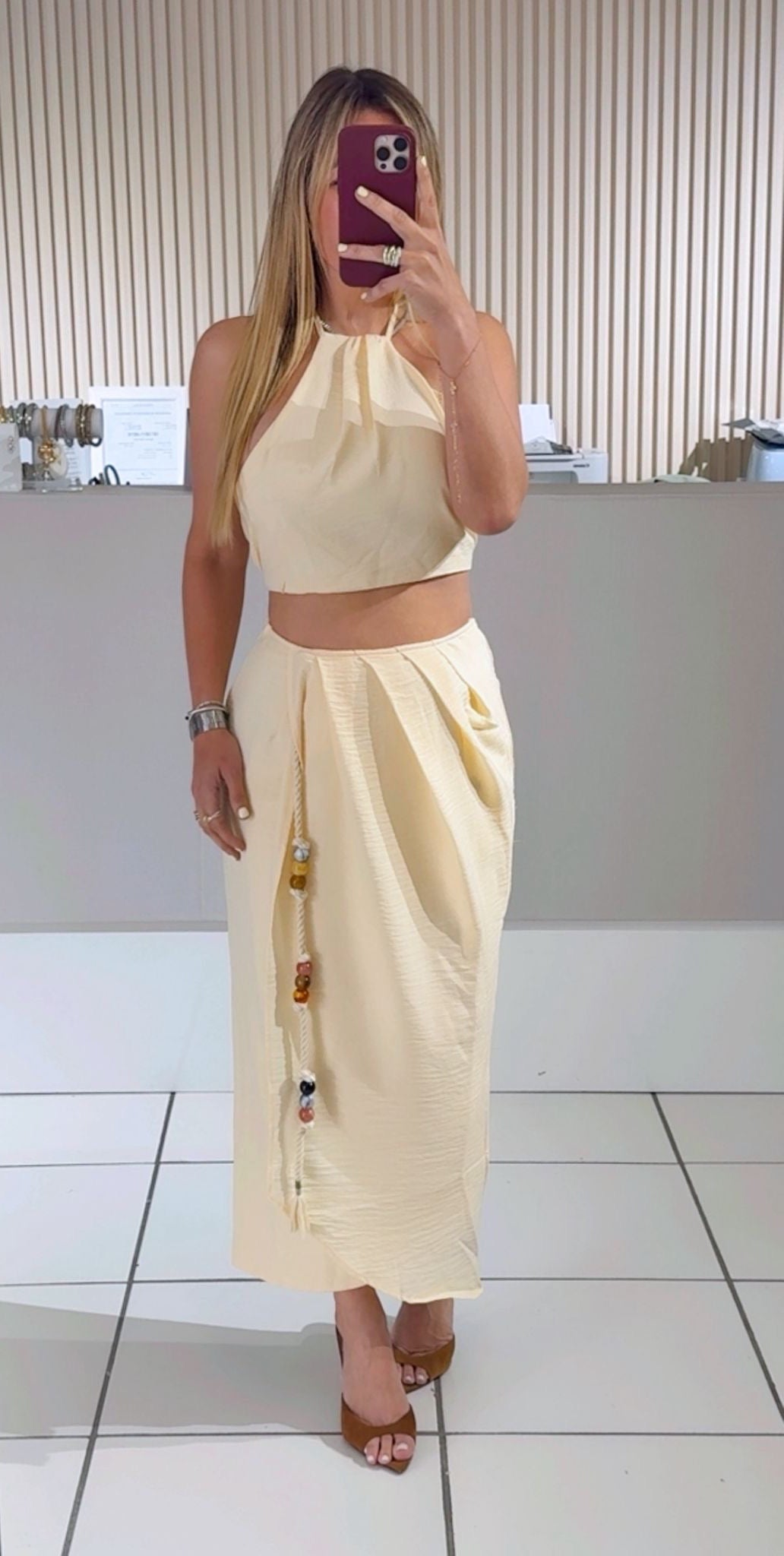 Beaded Tie Halter and Maxi Skirt Set
