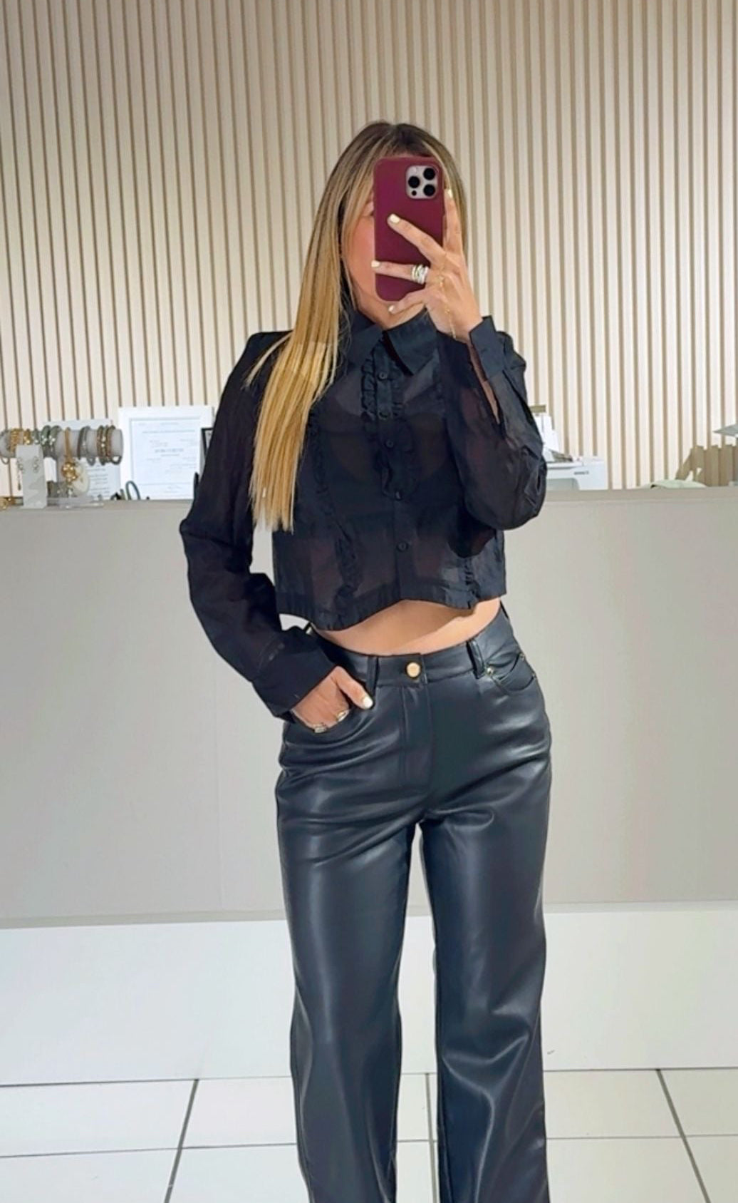 BLACK Woven Sheer Tuxedo Shirt With Ruffles