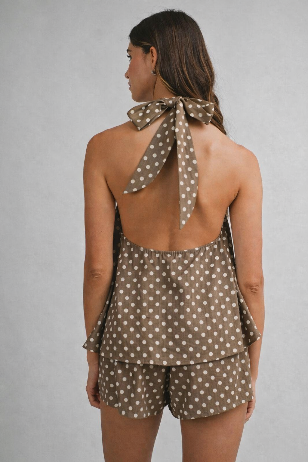 CAMEL Polka Dot Halter Neck Open Back Self Tie Top And Shorts Set