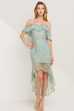 Sage off shoulder lace dress