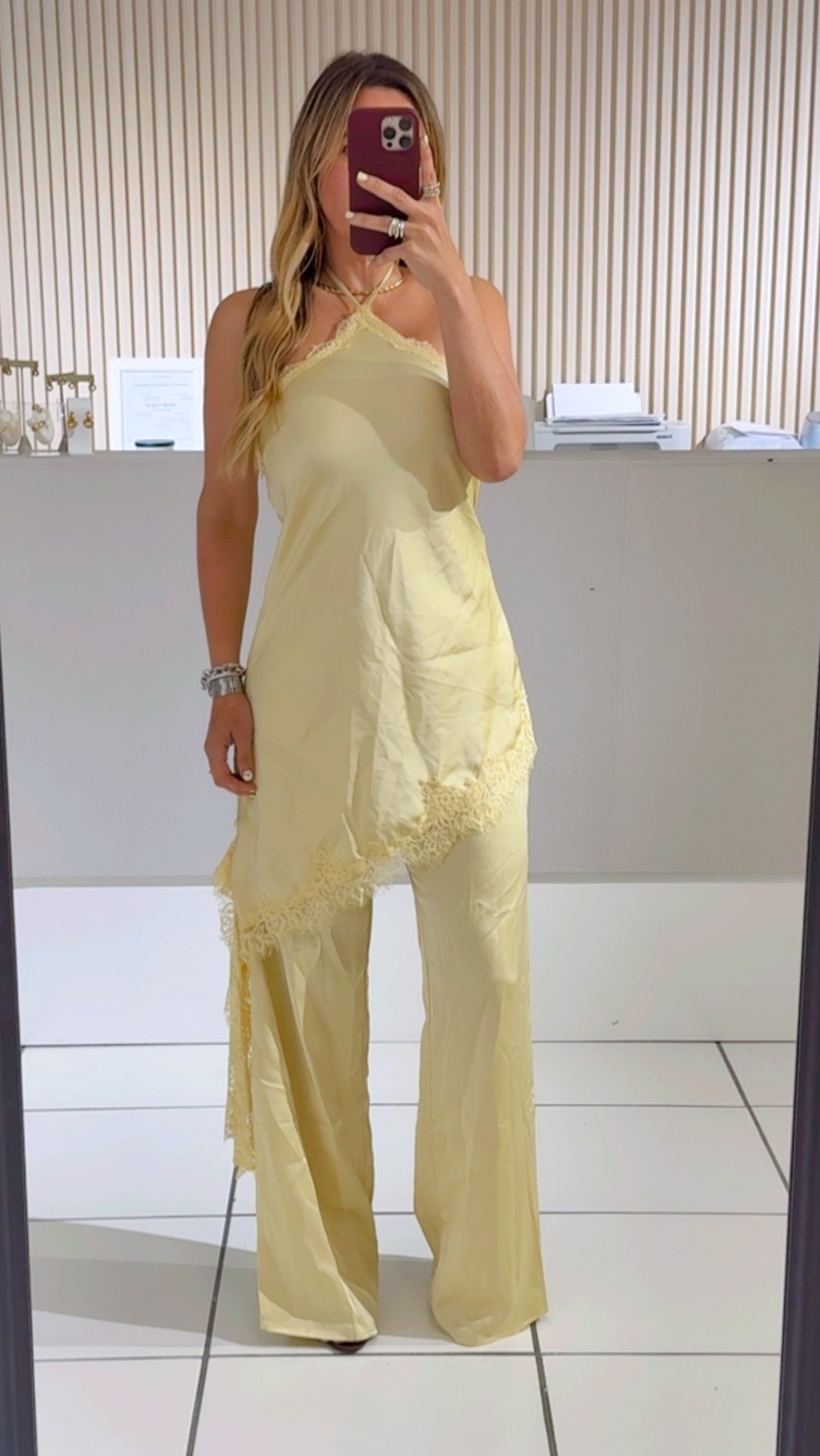 Yellow satin junpsuit